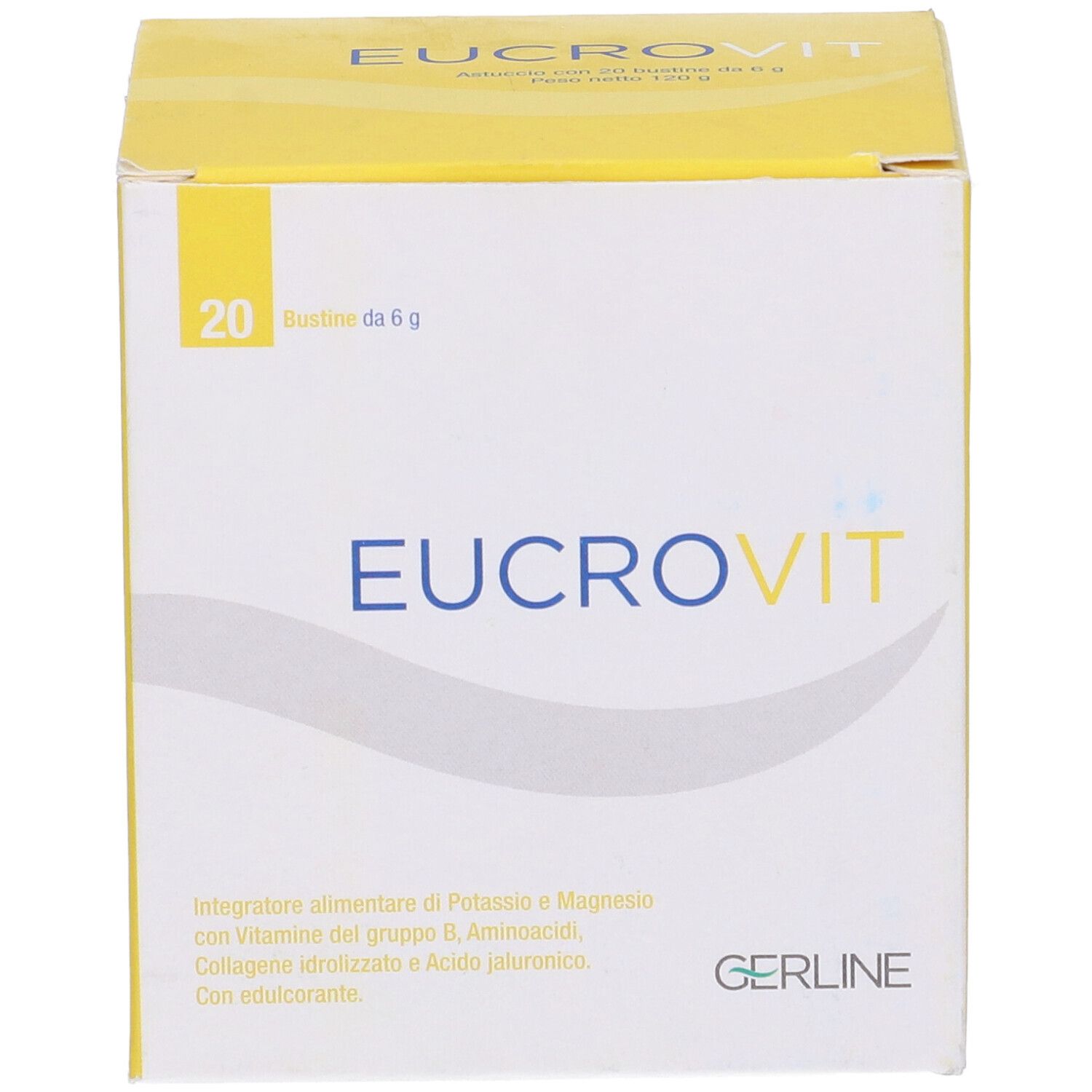 Scatola gialla con logo "EUCROVIT". Contiene 20 bustine. Testo in italiano.