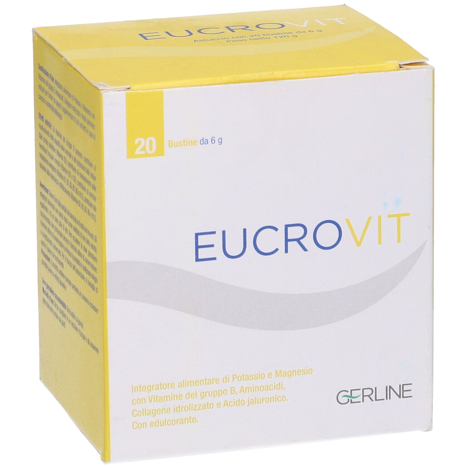 Scatola gialla con logo "EUCROVIT". Contiene 20 bustine. Testo in italiano.