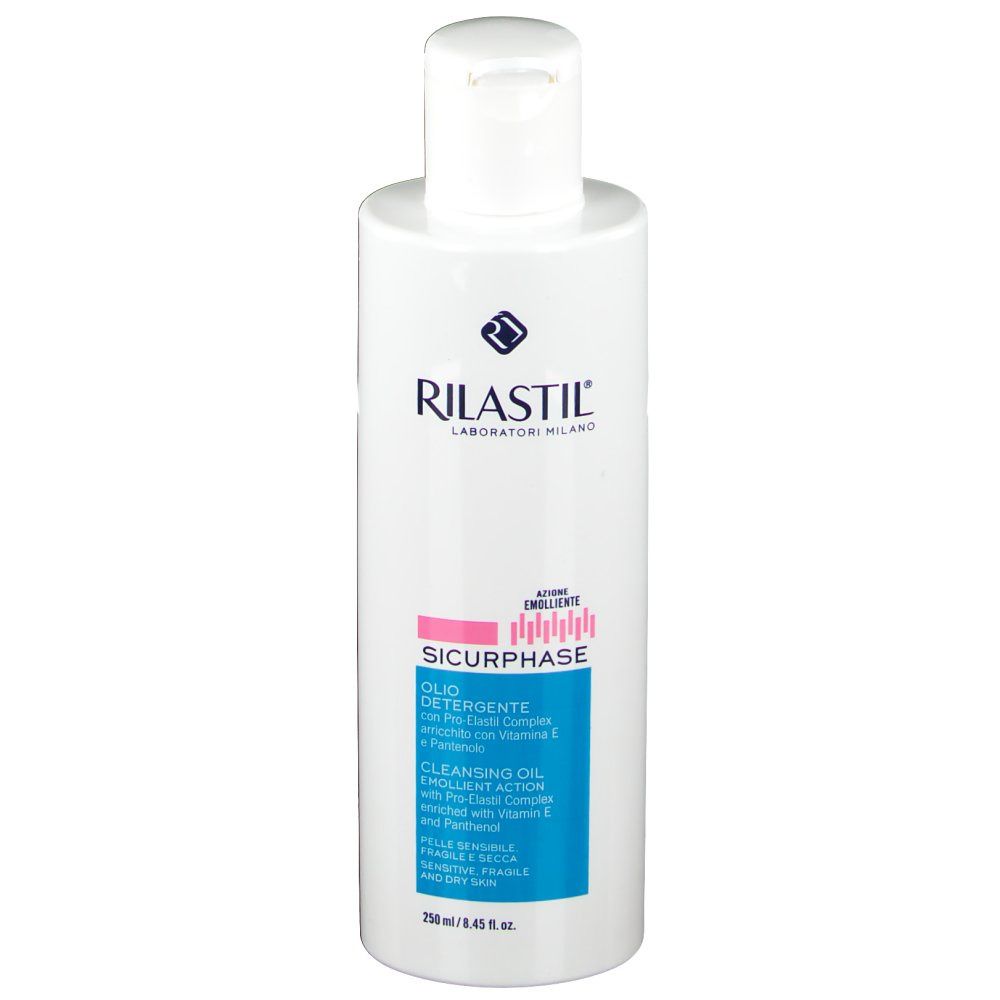 Flacone bianco RILASTIL® Sicurphase. Etichetta blu con informazioni prodotto. Striscia rosa con scritta Sicurphase.