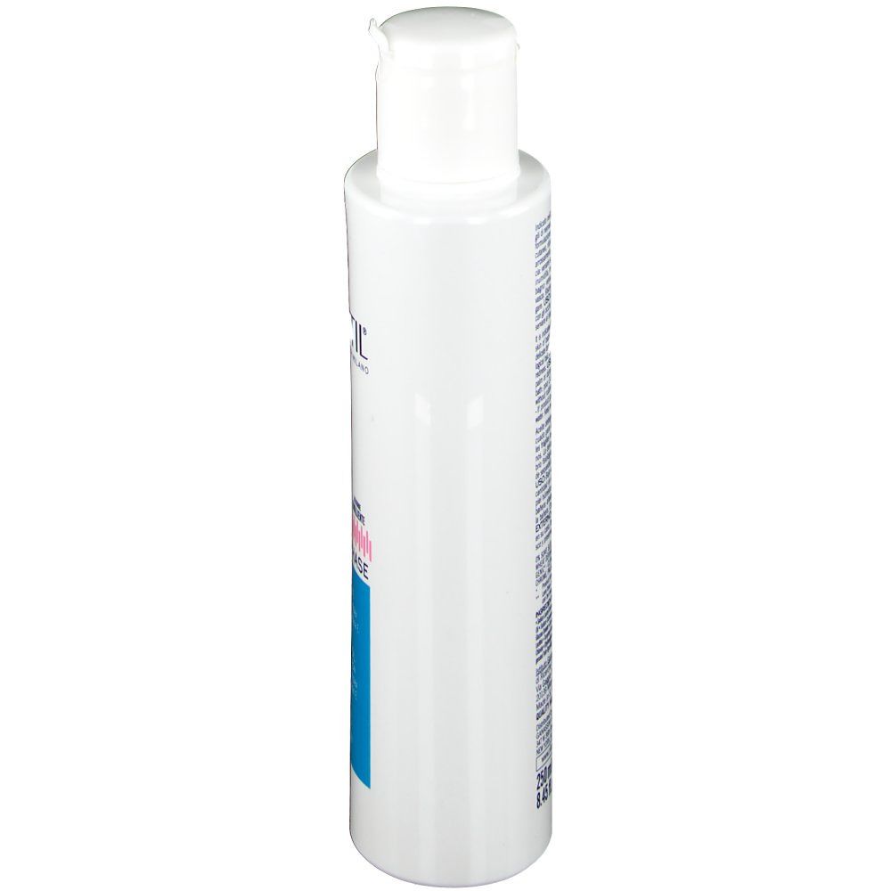 Vista laterale di RILASTIL® Sicurphase. Flacone bianco con tappo bianco. Etichetta blu visibile.