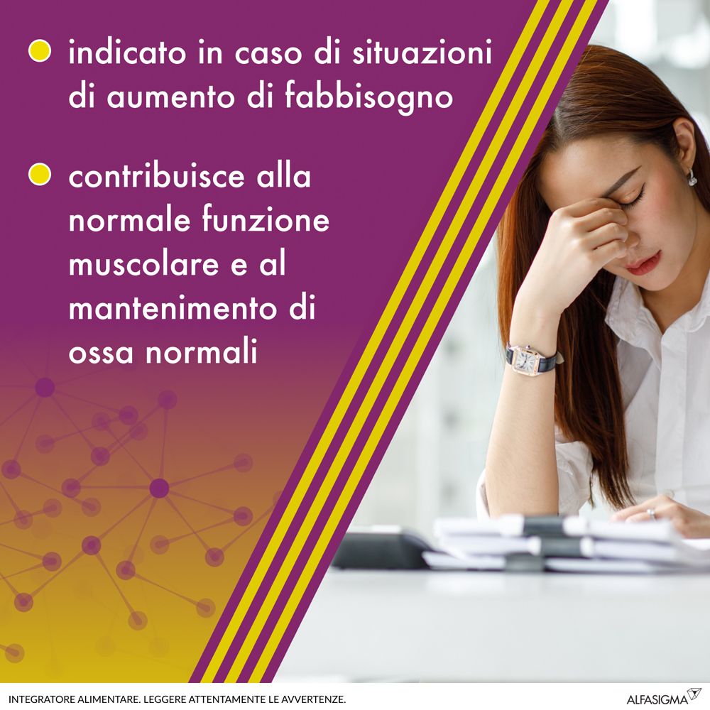 Infografica. Testo: Indicato in caso di aumento del fabbisogno. Contribuisce alla funzione muscolare e al mantenimento delle ossa. Donna con mal di testa.