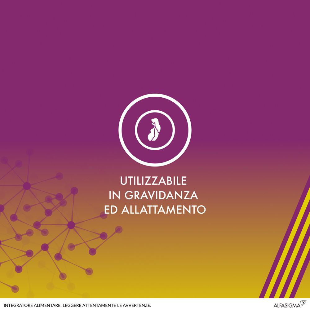 Simbolo: donna incinta. Testo: Utilizzabile in gravidanza e allattamento. Sfondo: giallo-viola.