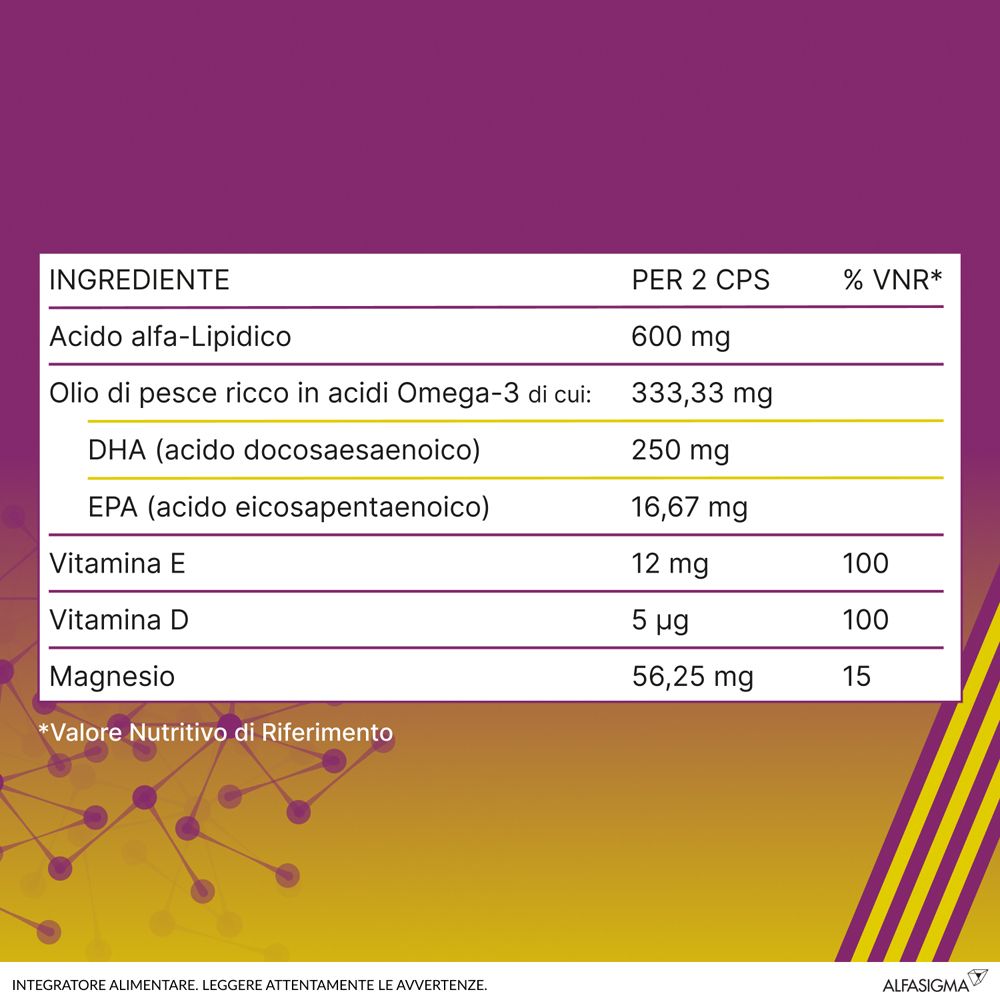 Tabella degli ingredienti. Ingredienti per 2 capsule: Acido alfa-lipoico, olio di pesce, DHA, EPA, vitamina E, D, magnesio.