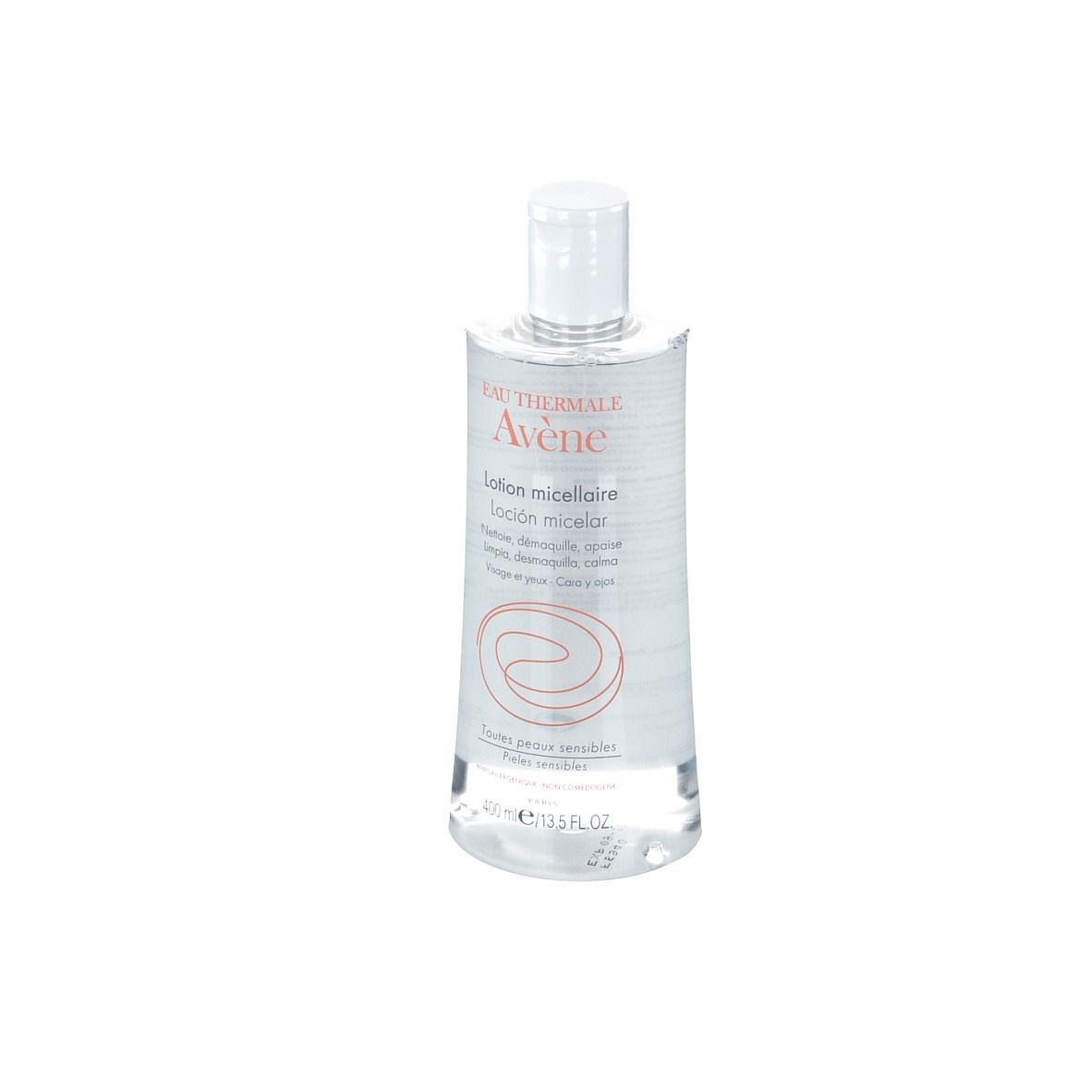 Flacone trasparente con tappo bianco. Scritta: Eau Thermale Avène, Lotion micellaire. Per pelli sensibili.