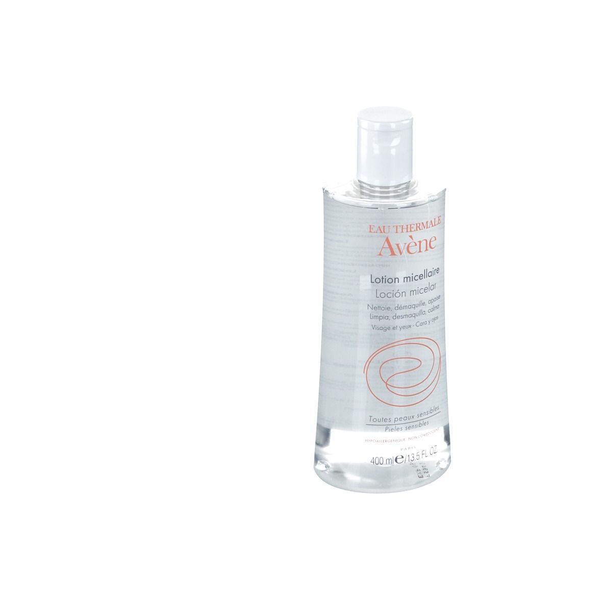 Flacone trasparente con tappo bianco. Scritta: Eau Thermale Avène, Lotion micellaire. Per pelli sensibili.