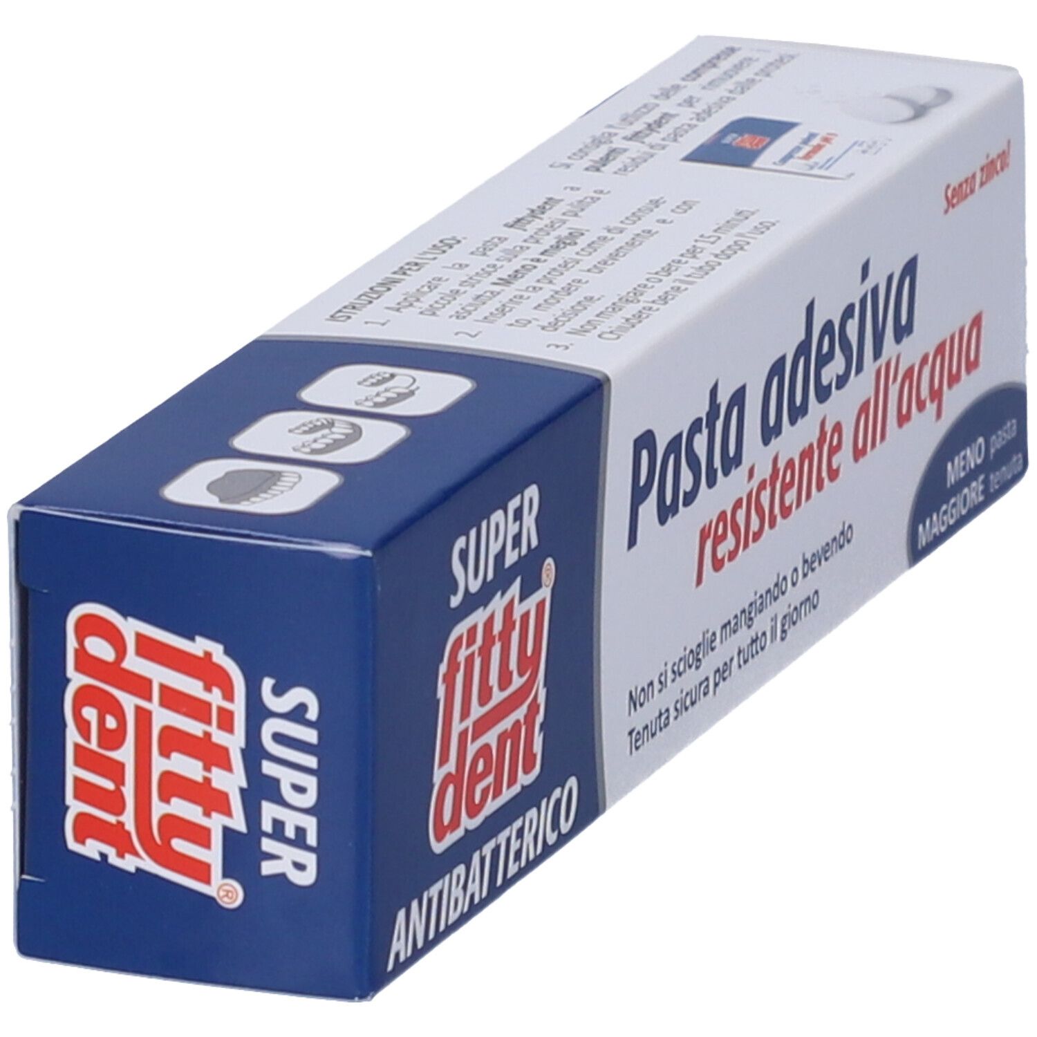 Fittydent Antibatterico Pasta Adesiva per protesi. Confezione blu e bianca. Testo: Pasta adesiva resistente all'acqua.