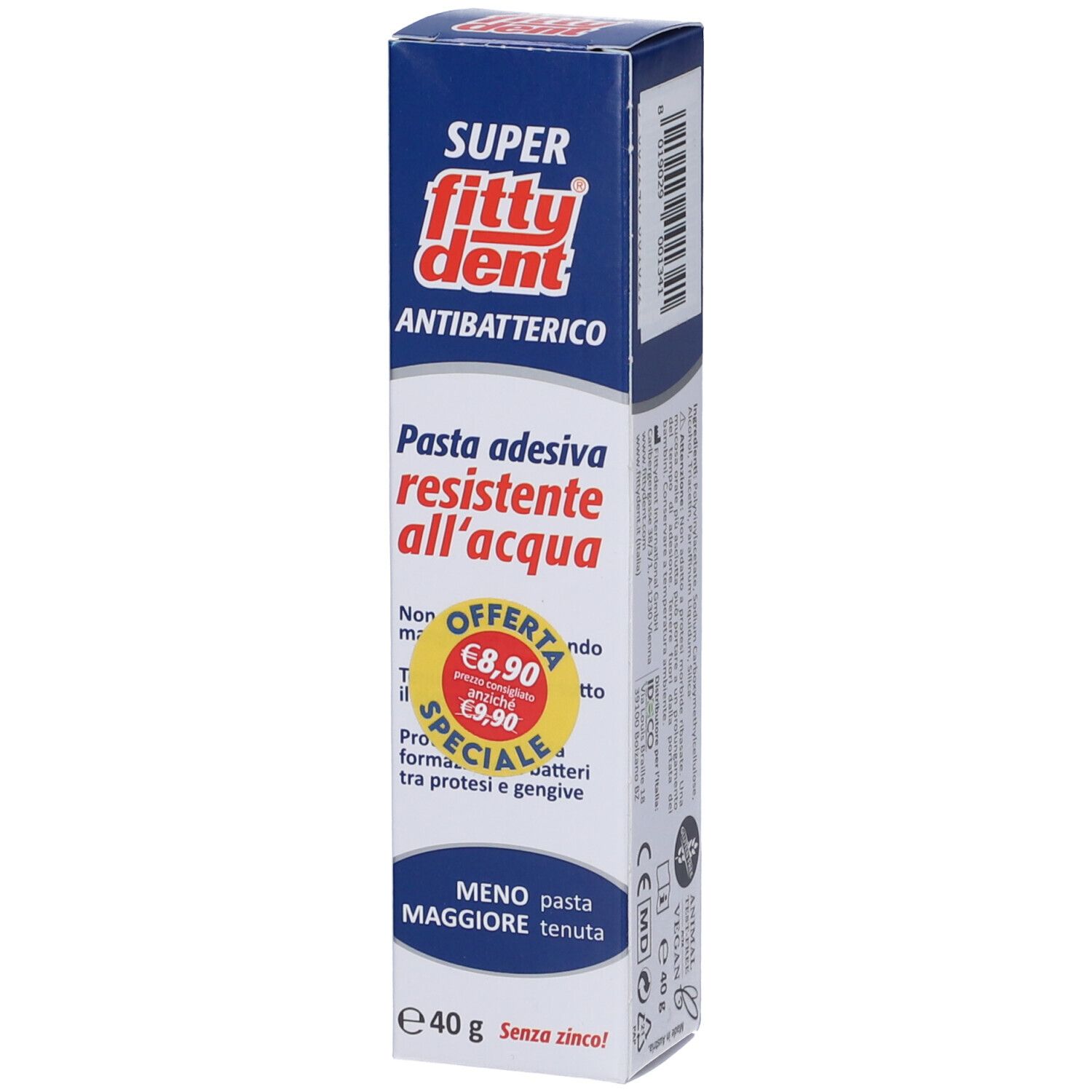 Fittydent Antibatterico Pasta Adesiva per protesi. Confezione blu e bianca. Testo: Pasta adesiva resistente all'acqua. Offerta.