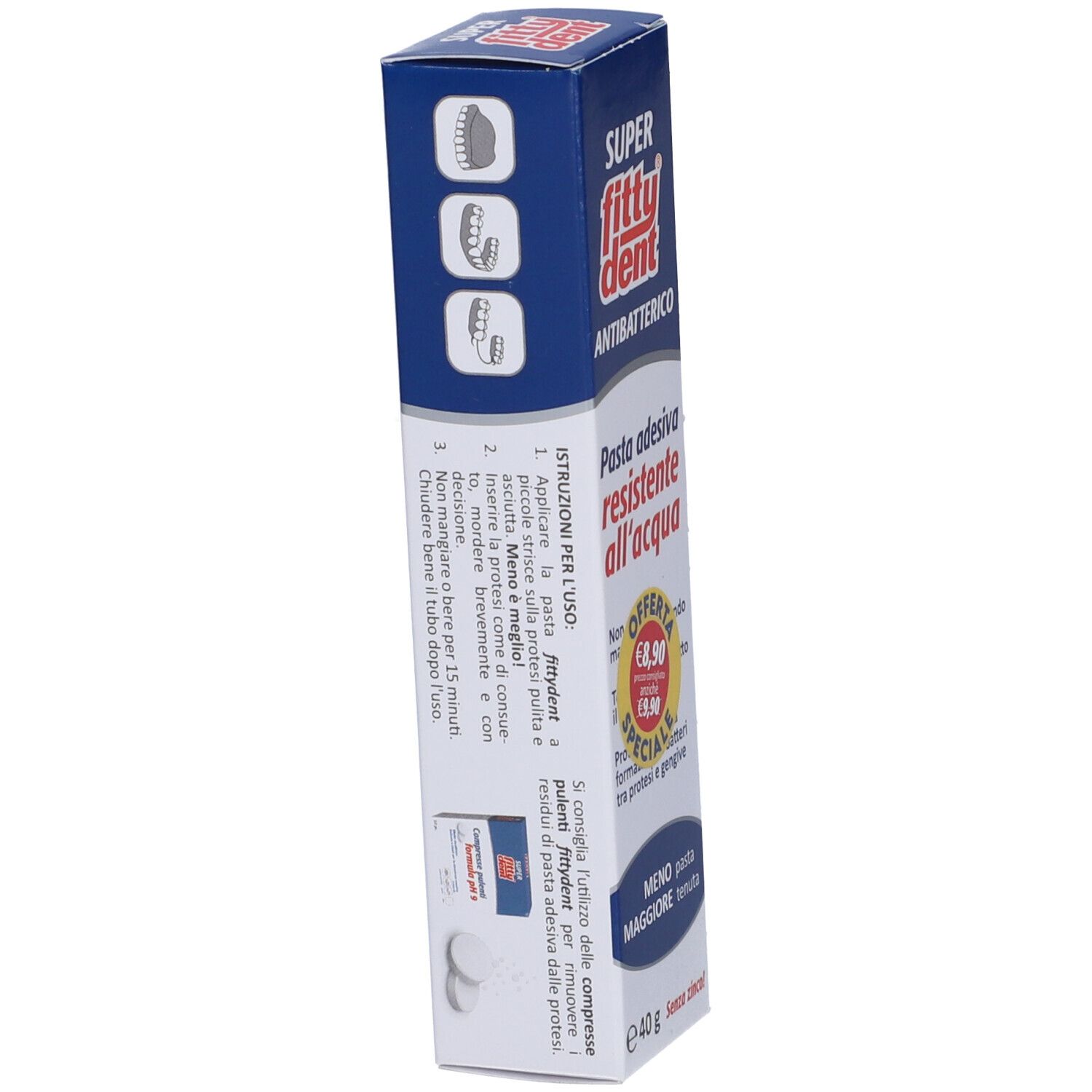 Fittydent Antibatterico Pasta Adesiva per protesi. Confezione blu e bianca. Testo: Pasta adesiva resistente all'acqua. Istruzioni.