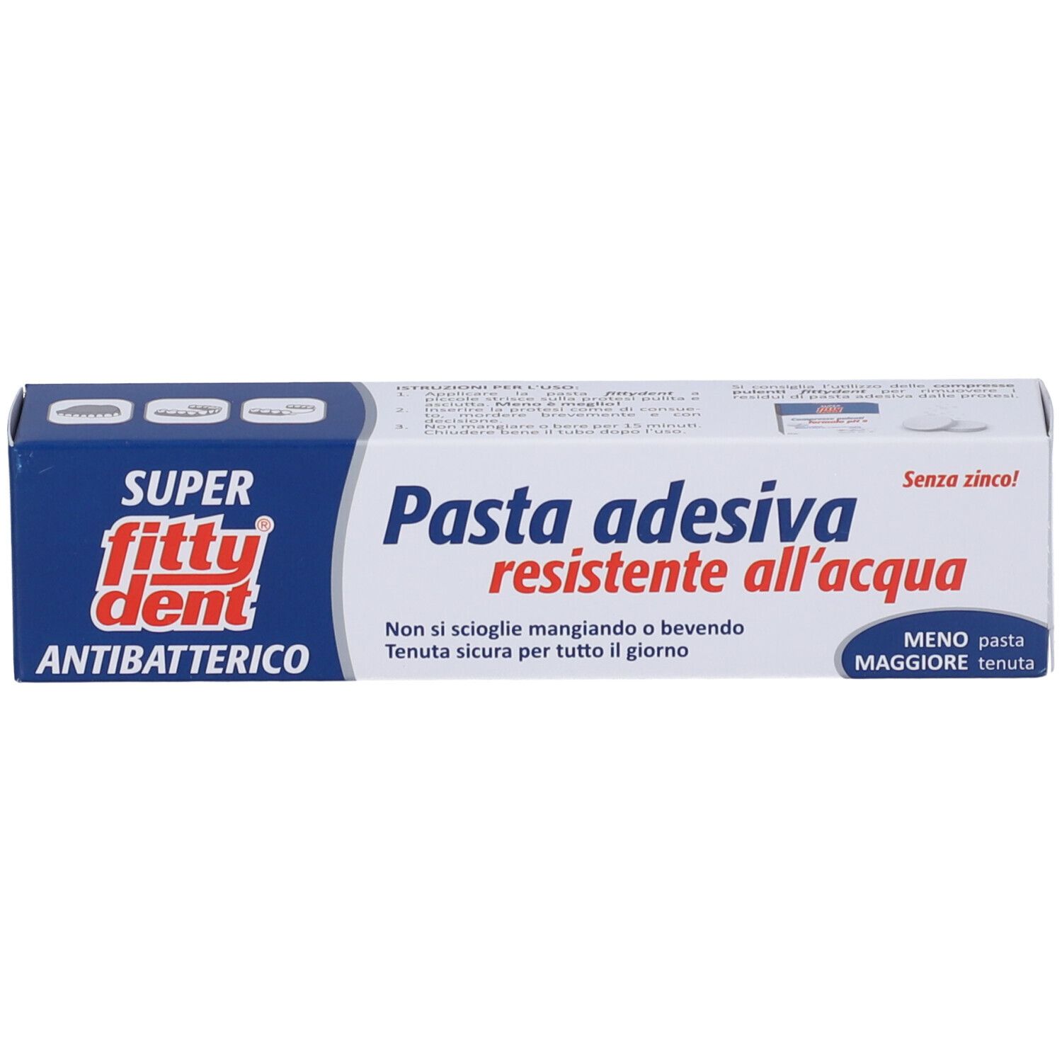 Fittydent Antibatterico Pasta Adesiva per protesi. Confezione blu e bianca. Testo: Pasta adesiva resistente all'acqua.