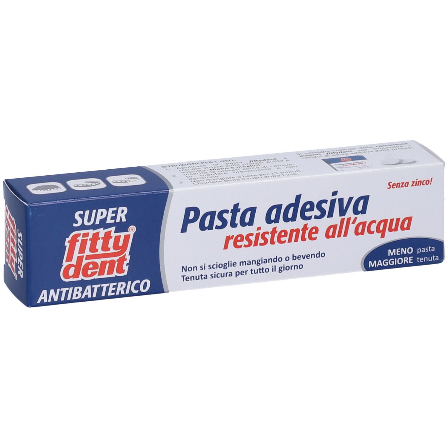 Fittydent Antibatterico Pasta Adesiva per protesi. Confezione blu e bianca. Testo: Pasta adesiva resistente all'acqua.