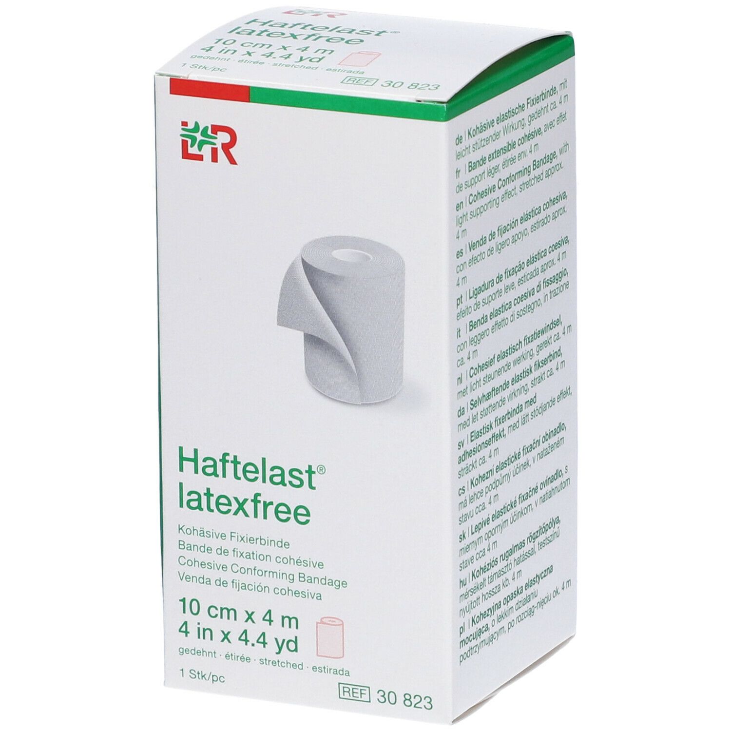 Confezione di Haftelast latexfree. Rotolo di benda, 10 cm x 4 m. Immagine e testo del prodotto.