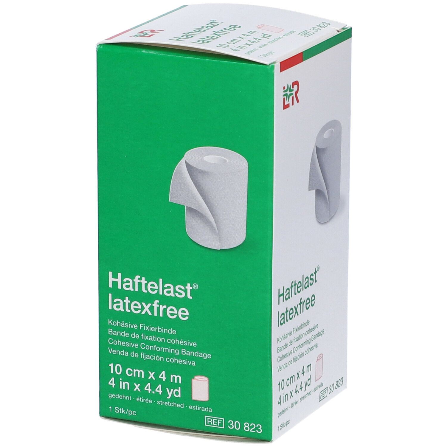 Confezione Haftelast latexfree. Scatola verde e bianca con immagine e testo. 10 cm x 4 m.