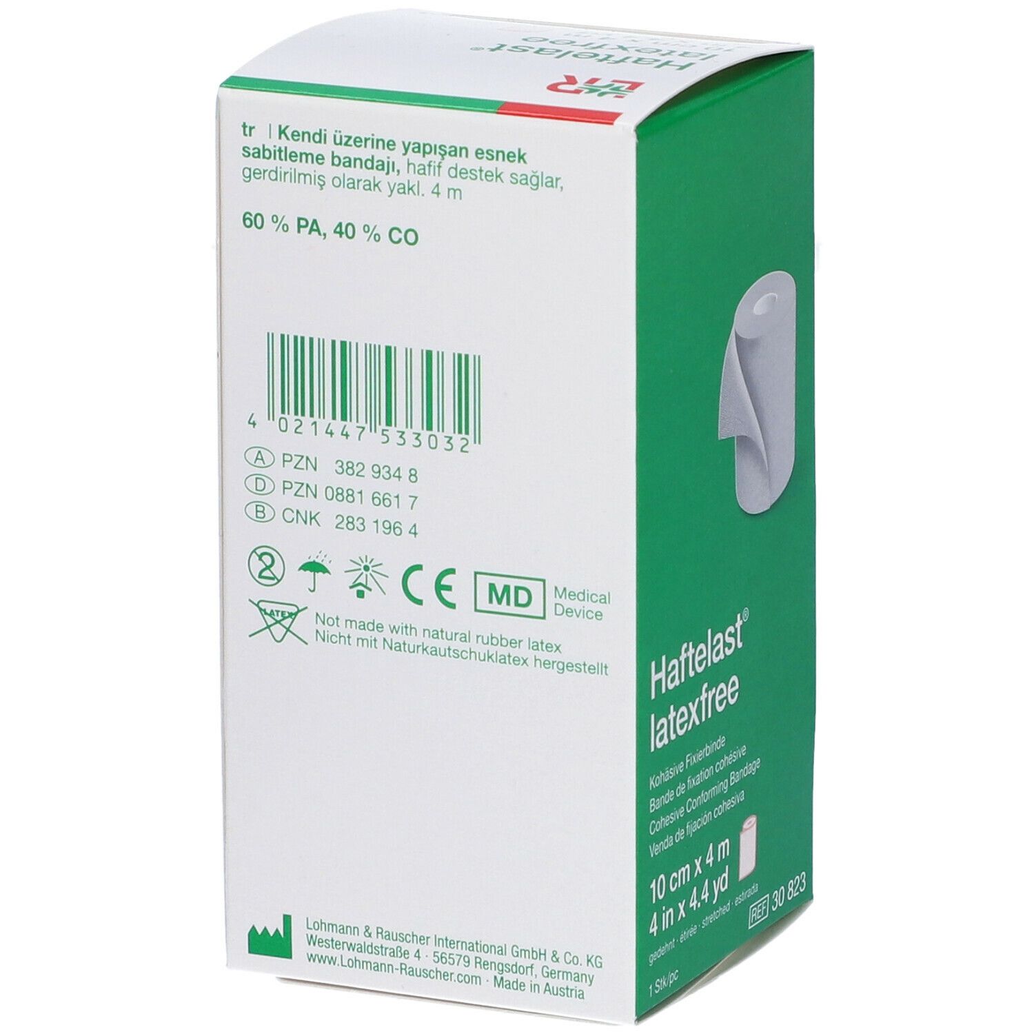 Retro della confezione Haftelast latexfree. Testo, codice a barre, certificazioni e immagine.