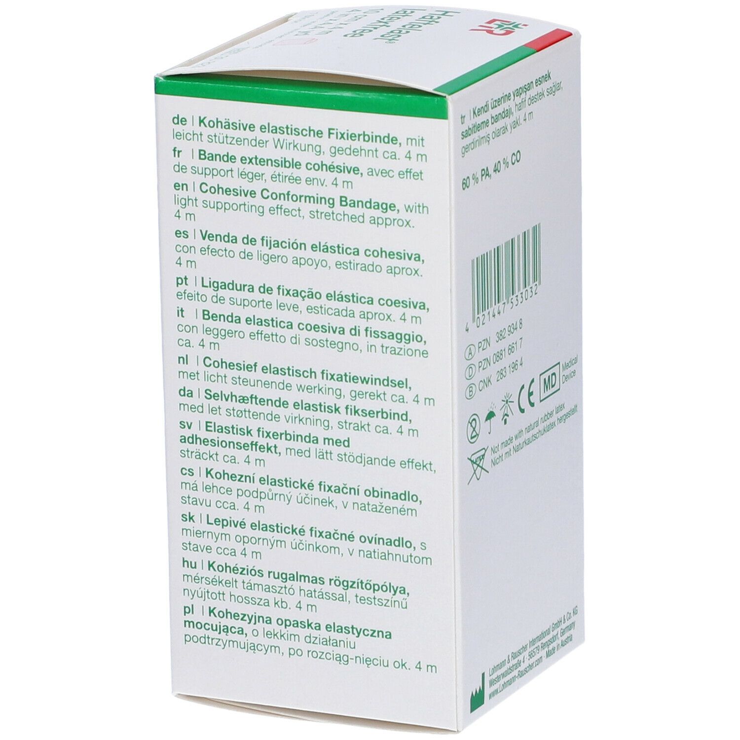 Lato della confezione Haftelast latexfree. Testo multilingue, certificazioni.