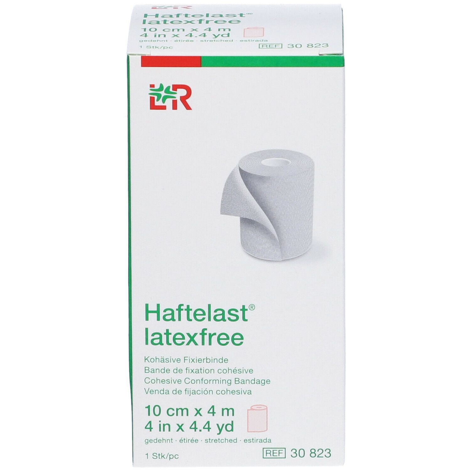 Confezione Haftelast latexfree. Scatola bianca con immagine e testo. 10 cm x 4 m.