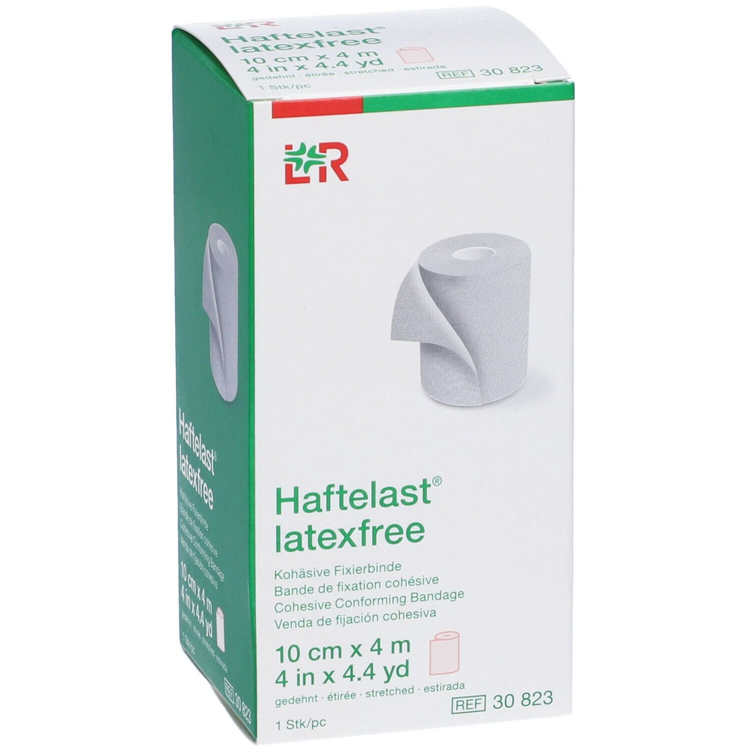 Confezione Haftelast latexfree. Scatola bianca con immagine e testo. 10 cm x 4 m.