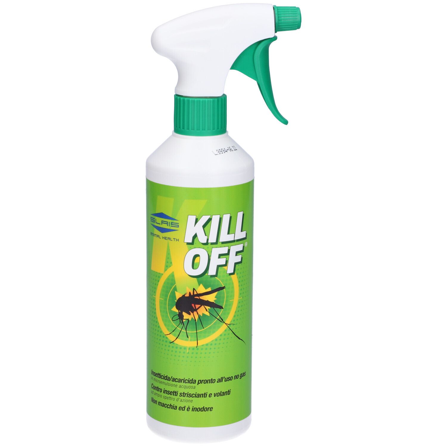 Flacone spray con erogatore bianco e verde. Scritta KILL OFF e immagine di una zanzara. Etichetta verde e bianca.
