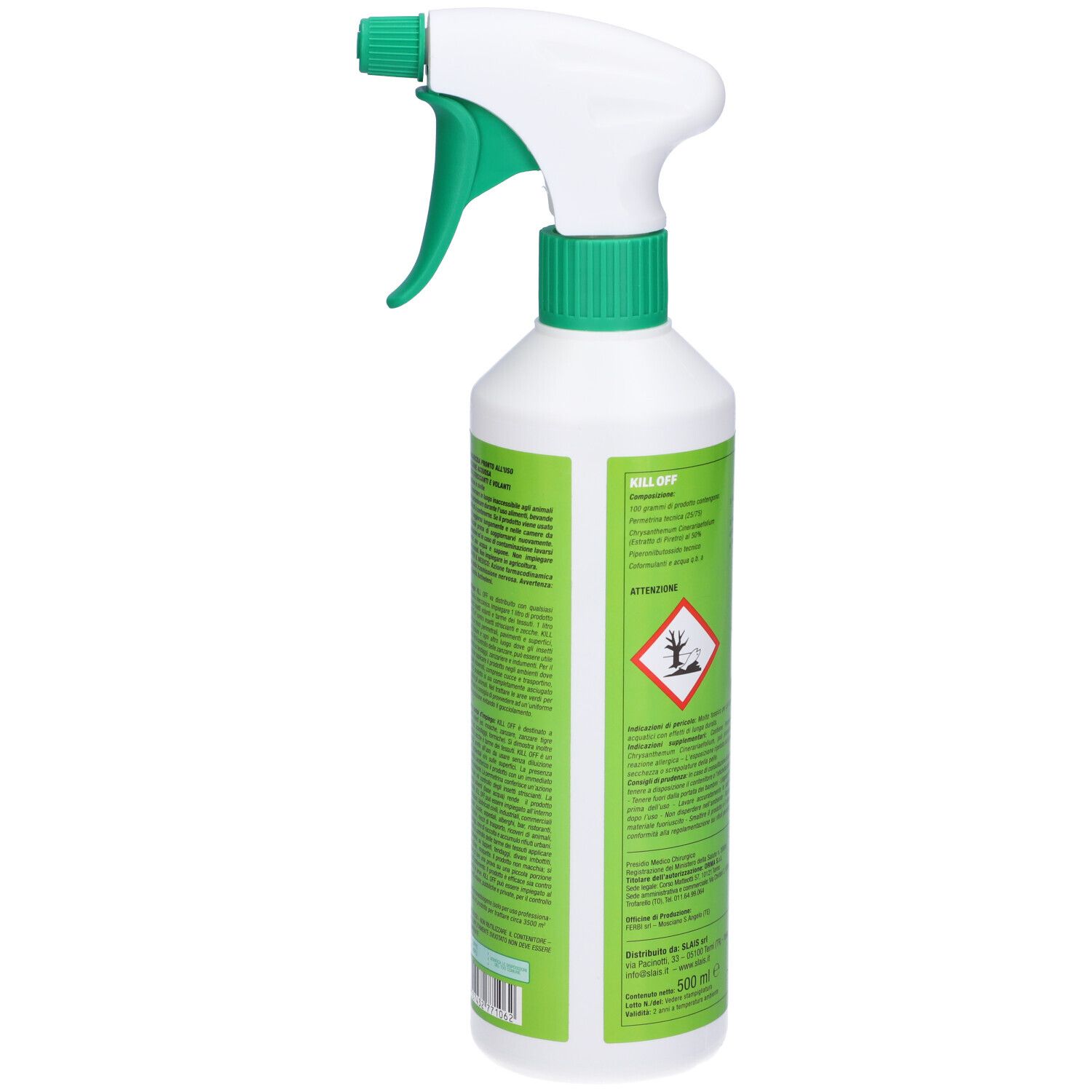Vista laterale del flacone spray. Etichetta verde e bianca con testo e simbolo di pericolo. Erogatore bianco e collare verde.