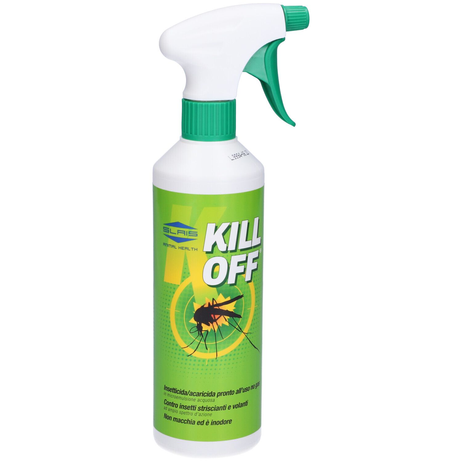 Flacone spray con erogatore bianco e verde. Scritta KILL OFF e immagine di una zanzara. Etichetta verde e bianca.