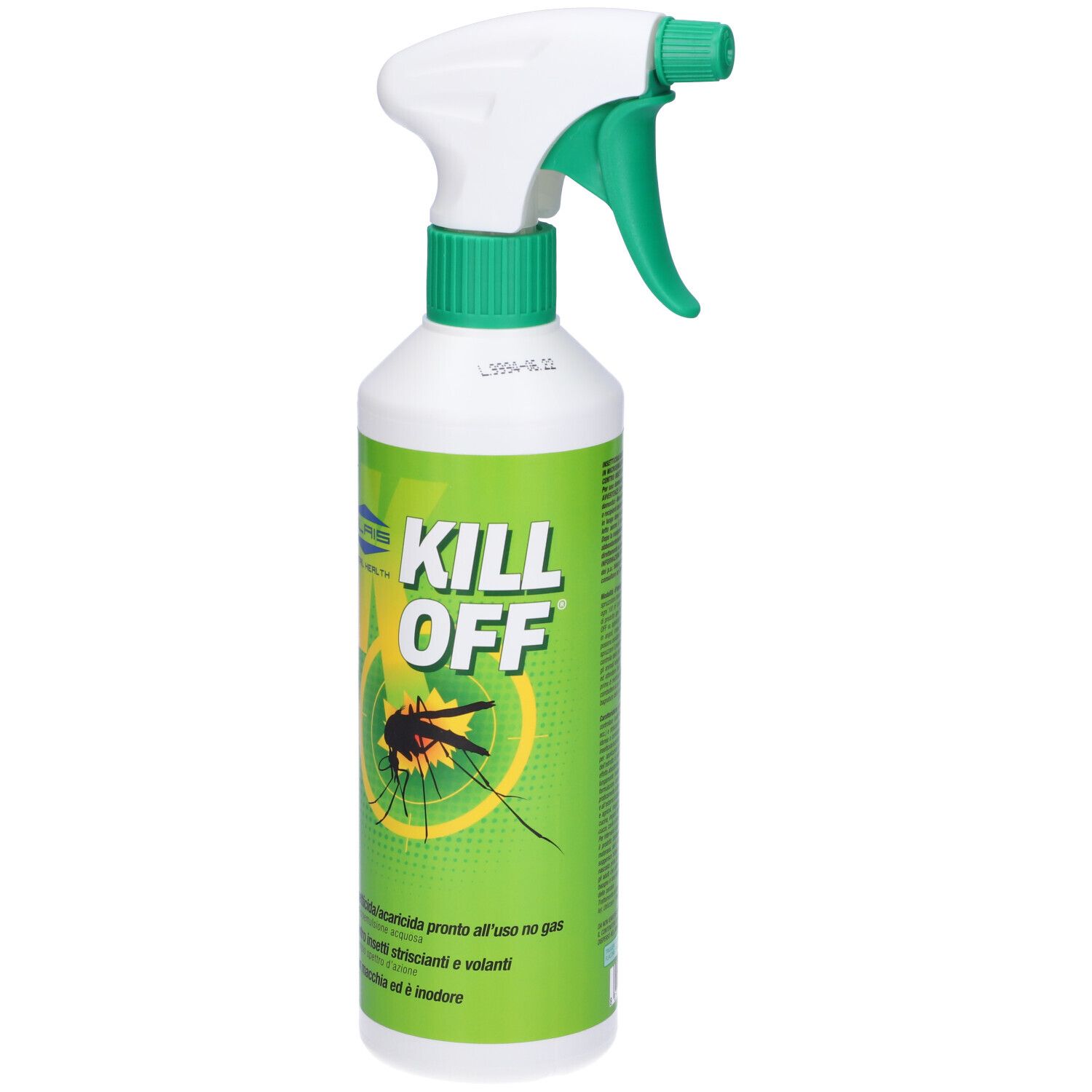 Flacone spray con erogatore bianco e verde. Scritta KILL OFF e immagine di una zanzara. Etichetta verde e bianca.