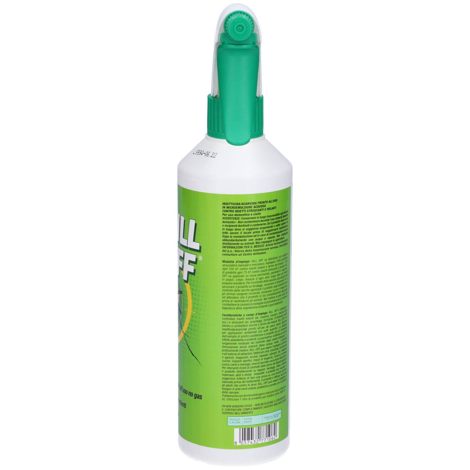 Vista posteriore del flacone spray. Etichetta verde e bianca con testo. Erogatore bianco e collare verde.