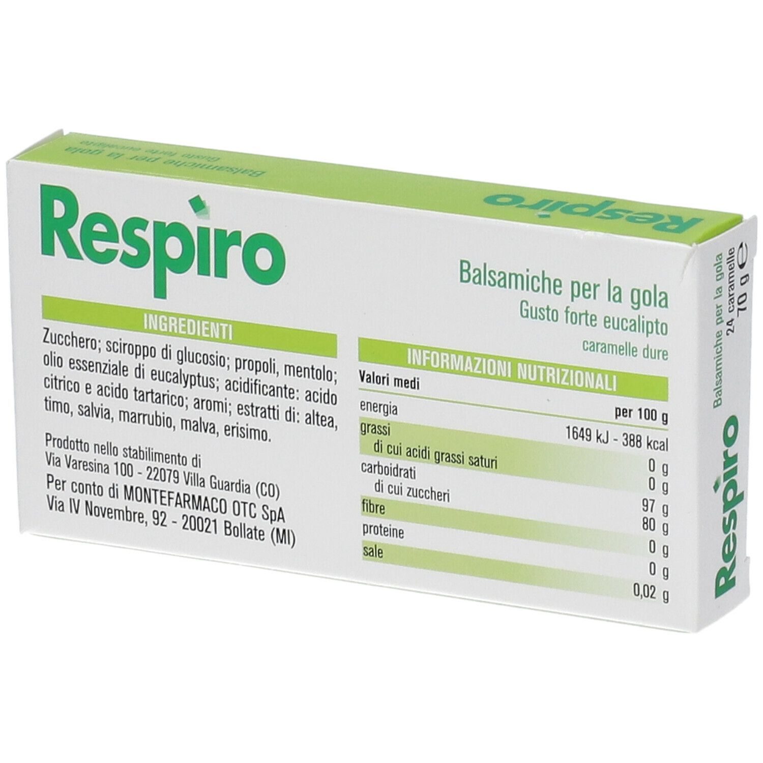 Scatola bianca con testo e informazioni nutrizionali. Scritta « Respiro » e « Balsamiche per la gola ».