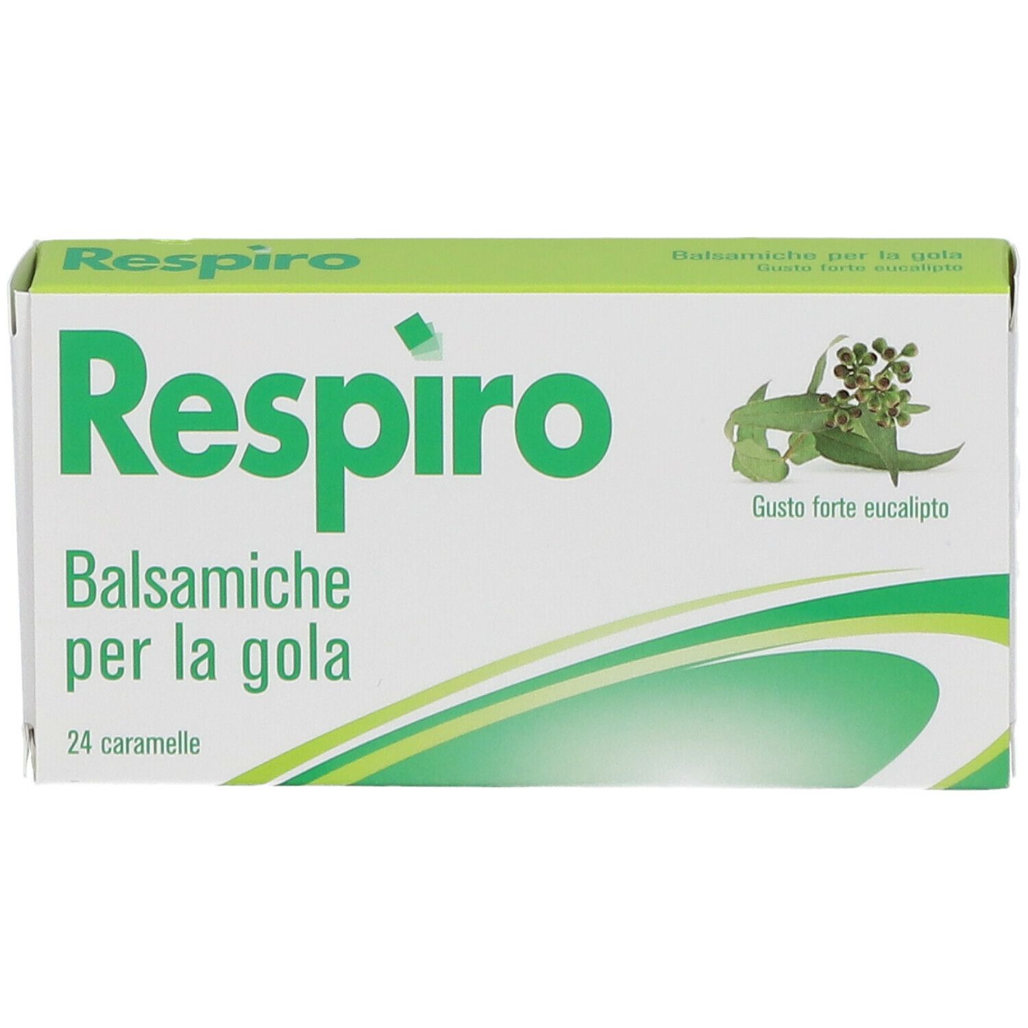 Scatola bianca con logo verde e testo. Scritta « Respiro » e « Balsamiche per la gola ». Illustrazione di eucalipto.