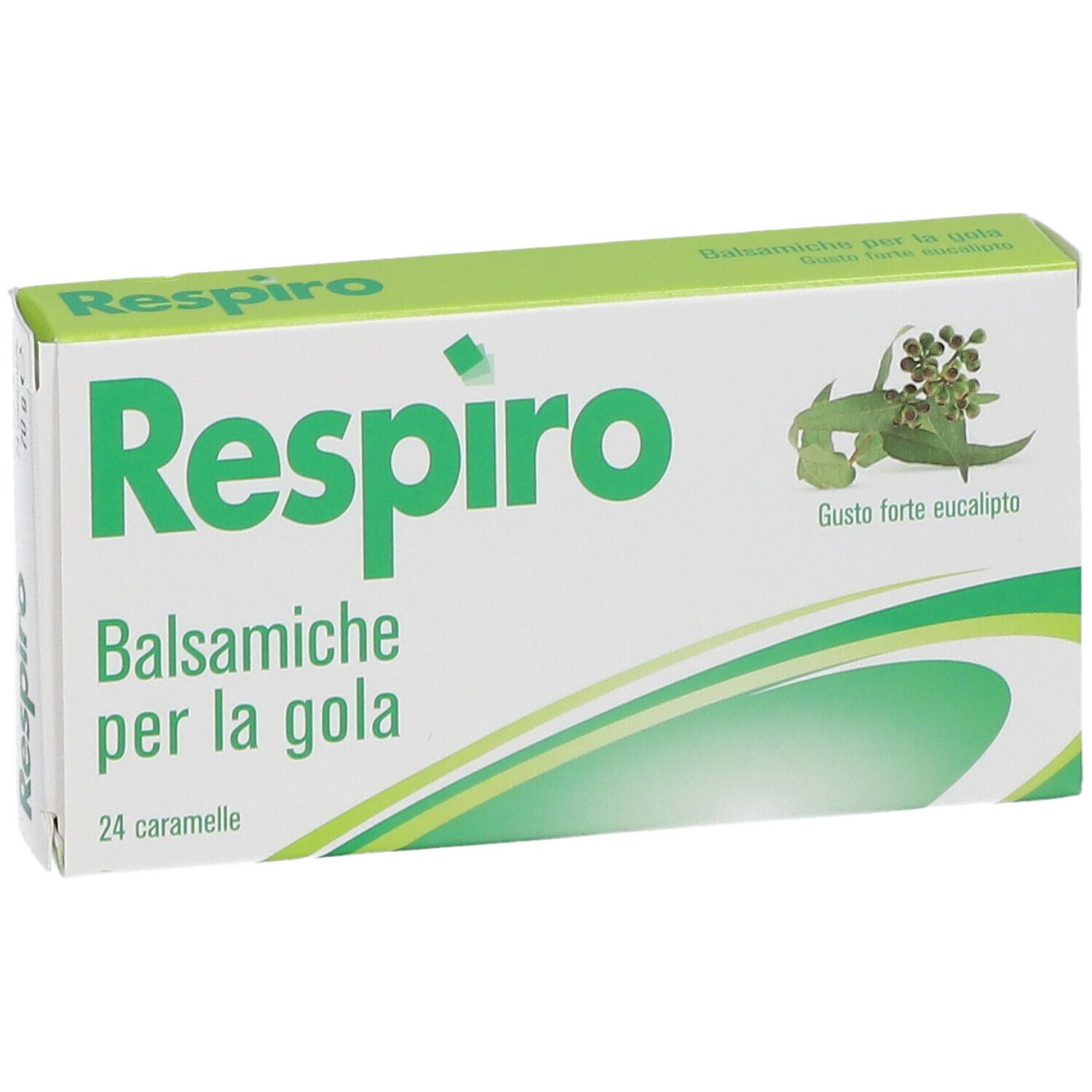 Scatola bianca con logo verde e testo. Scritta « Respiro » e « Balsamiche per la gola ». Illustrazione di eucalipto.