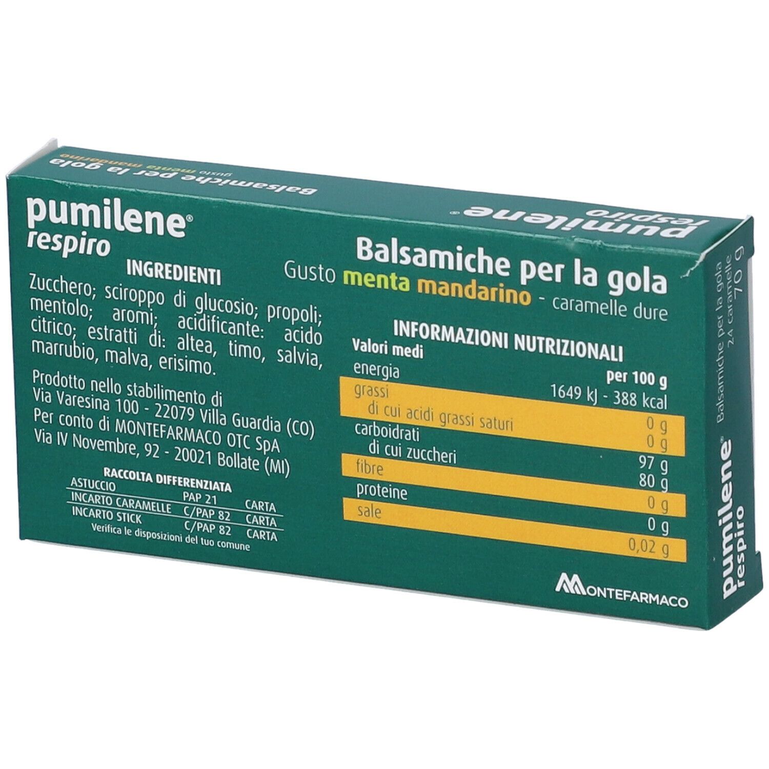 Retro della scatola verde. Elenco ingredienti, informazioni nutrizionali e dettagli produttore. Marchio Montefarmaco.