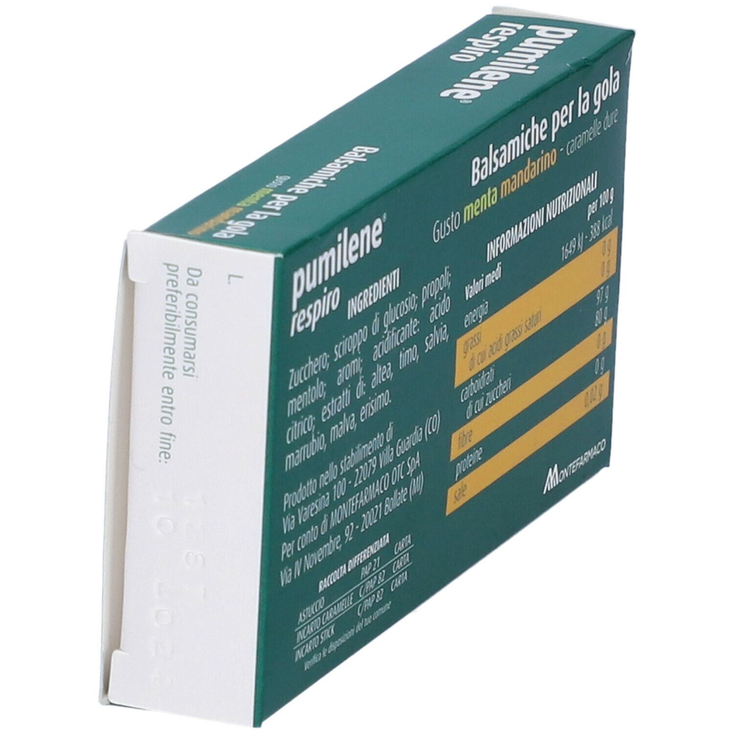 Scatola verde, vista laterale. 'Pumilene Respiro' e 'Balsamiche per la Gola'. Data di scadenza.
