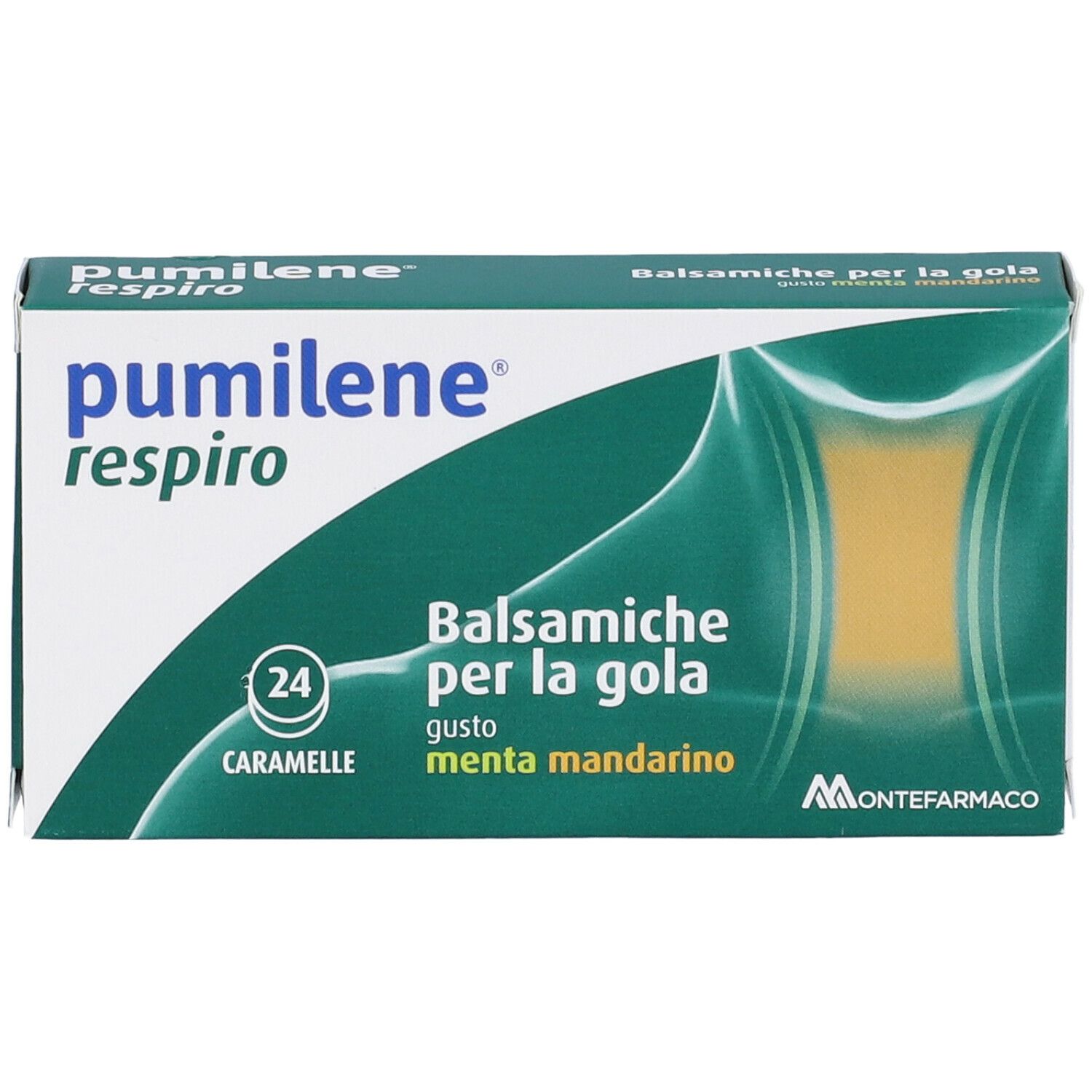 Scatola verde 'Pumilene Respiro' e 'Balsamiche per la Gola'. 24 caramelle, gusto mandarino-menta. Marchio Montefarmaco.