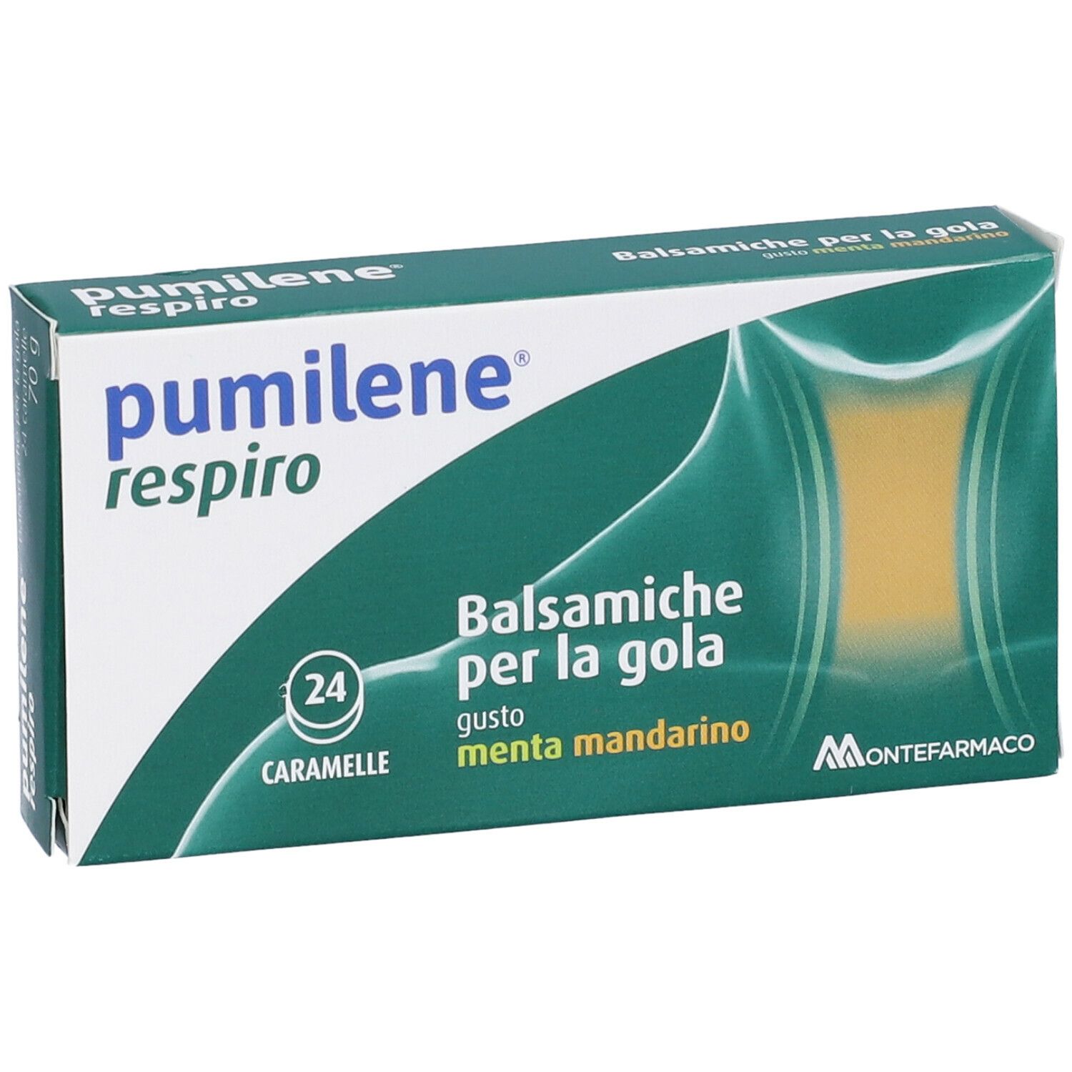 Scatola verde 'Pumilene Respiro' e 'Balsamiche per la Gola'. 24 caramelle, gusto mandarino-menta. Marchio Montefarmaco.