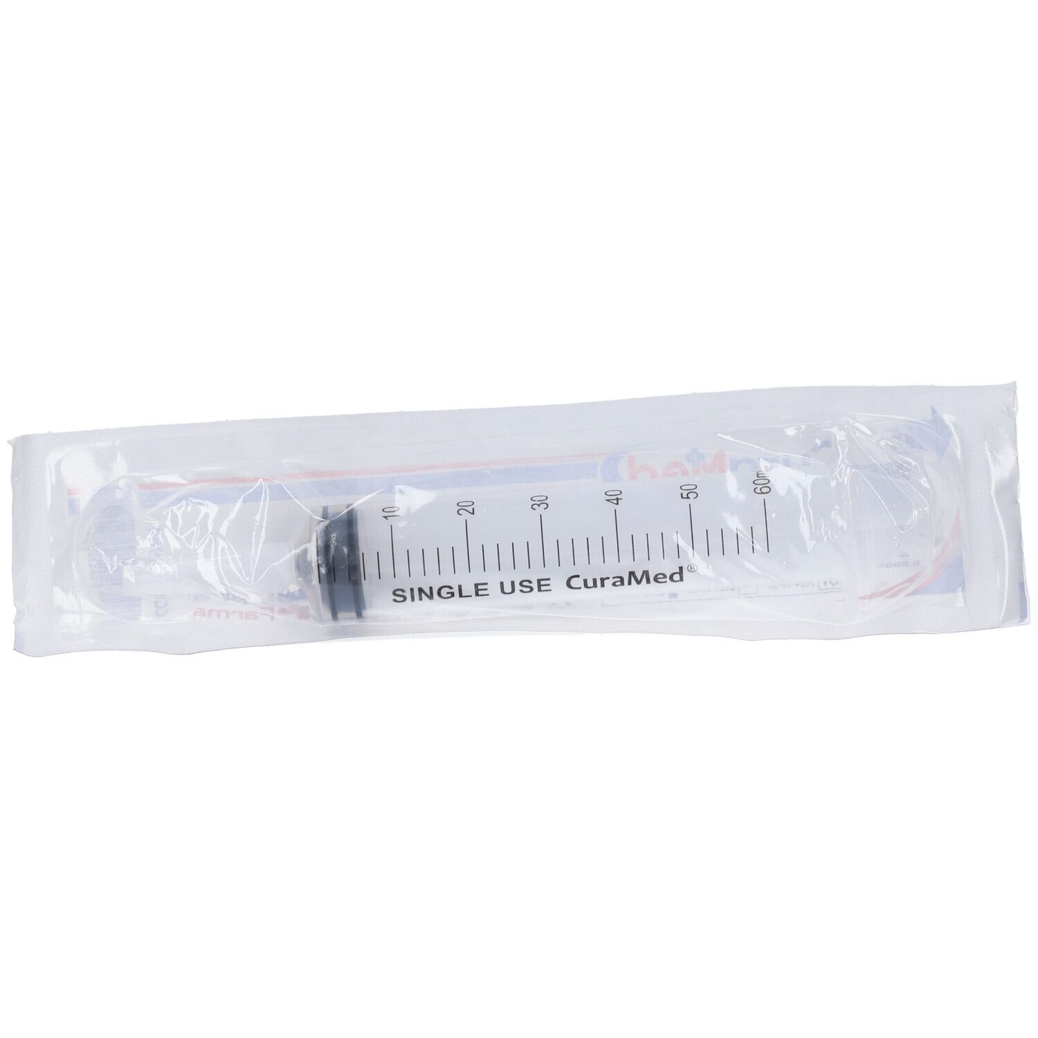 Siringa monouso trasparente in confezione di plastica. Pistone nero, scala fino a 60 ml. Scritta: "SINGLE USE CuraMed".