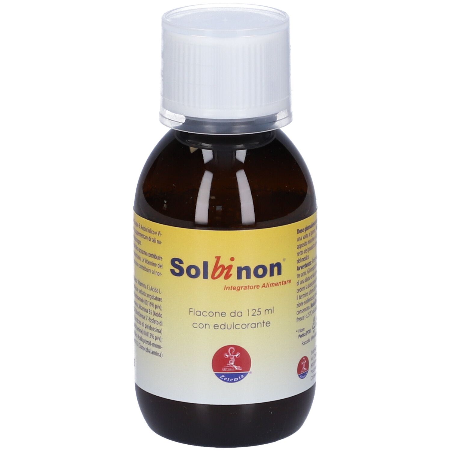 Flacone marrone con tappo bianco. Etichetta Solbinon. Flacone da 125 ml con edulcorante. Nome prodotto e logo.
