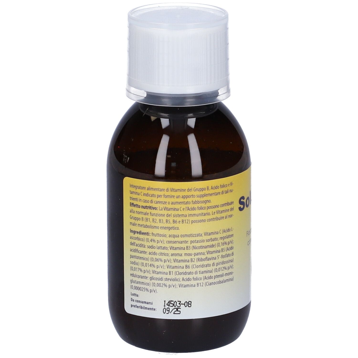 Flacone marrone con tappo bianco. Etichetta con ingredienti e informazioni. Logo Solbinon.