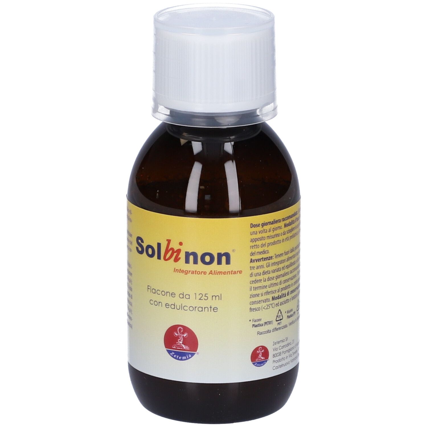 Flacone marrone con tappo bianco. Etichetta Solbinon. Flacone da 125 ml con edulcorante. Logo.