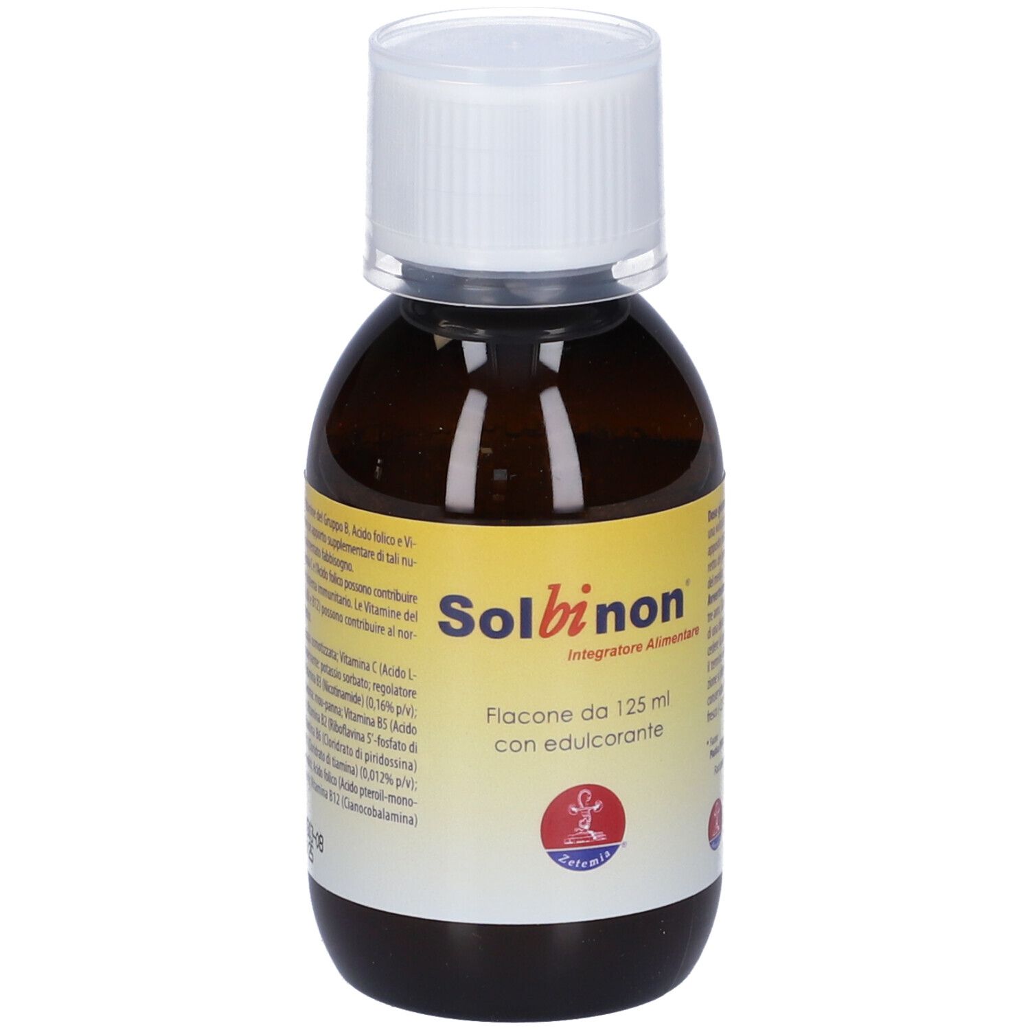 Flacone marrone con tappo bianco. Etichetta con ingredienti e informazioni. Logo Solbinon.
