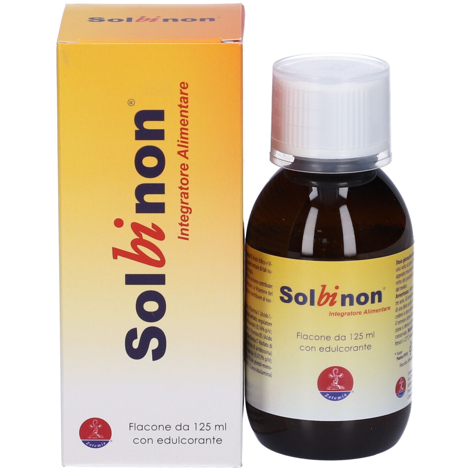 Scatola e flacone Solbinon. Giallo e bianco. Nome del prodotto e testo in nero. Flacone da 125 ml.