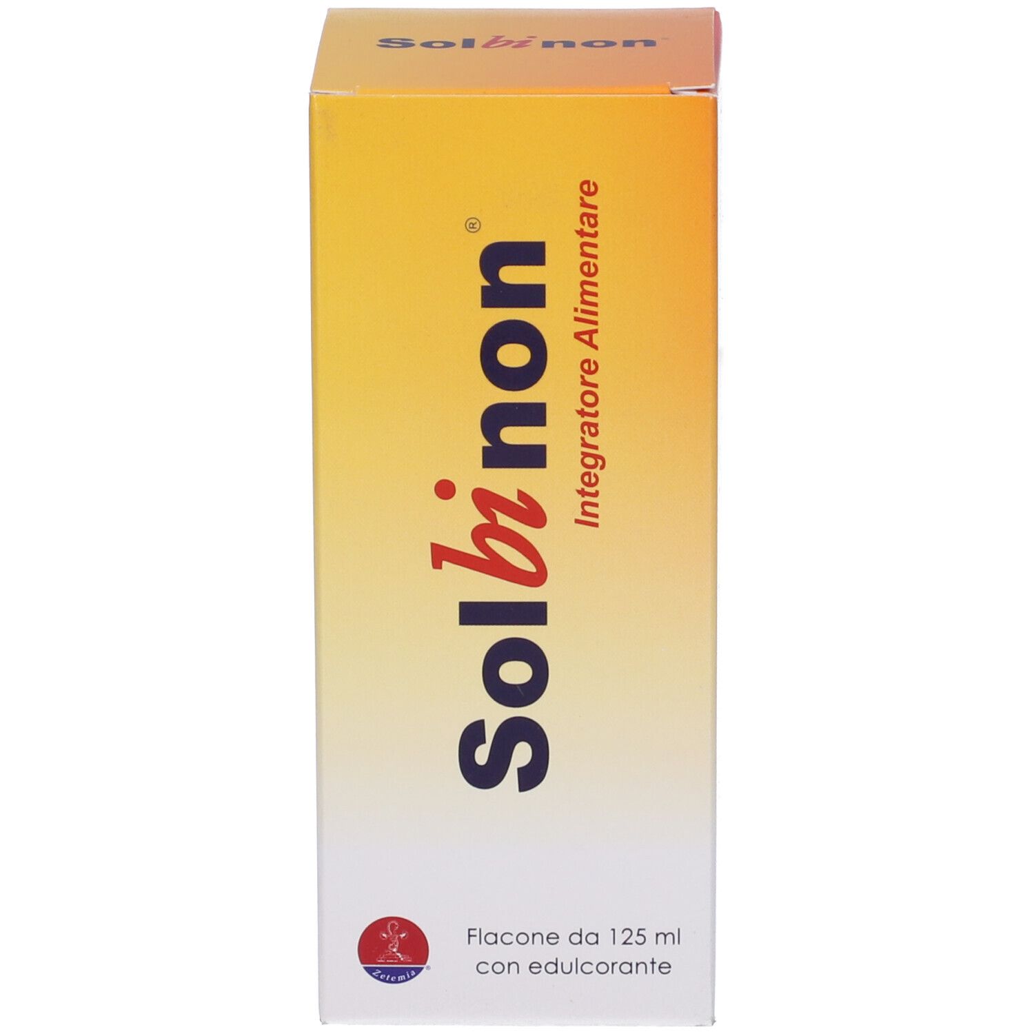 Scatola Solbinon, gialla e bianca. Nome del prodotto e testo in nero. Flacone da 125 ml con edulcorante.