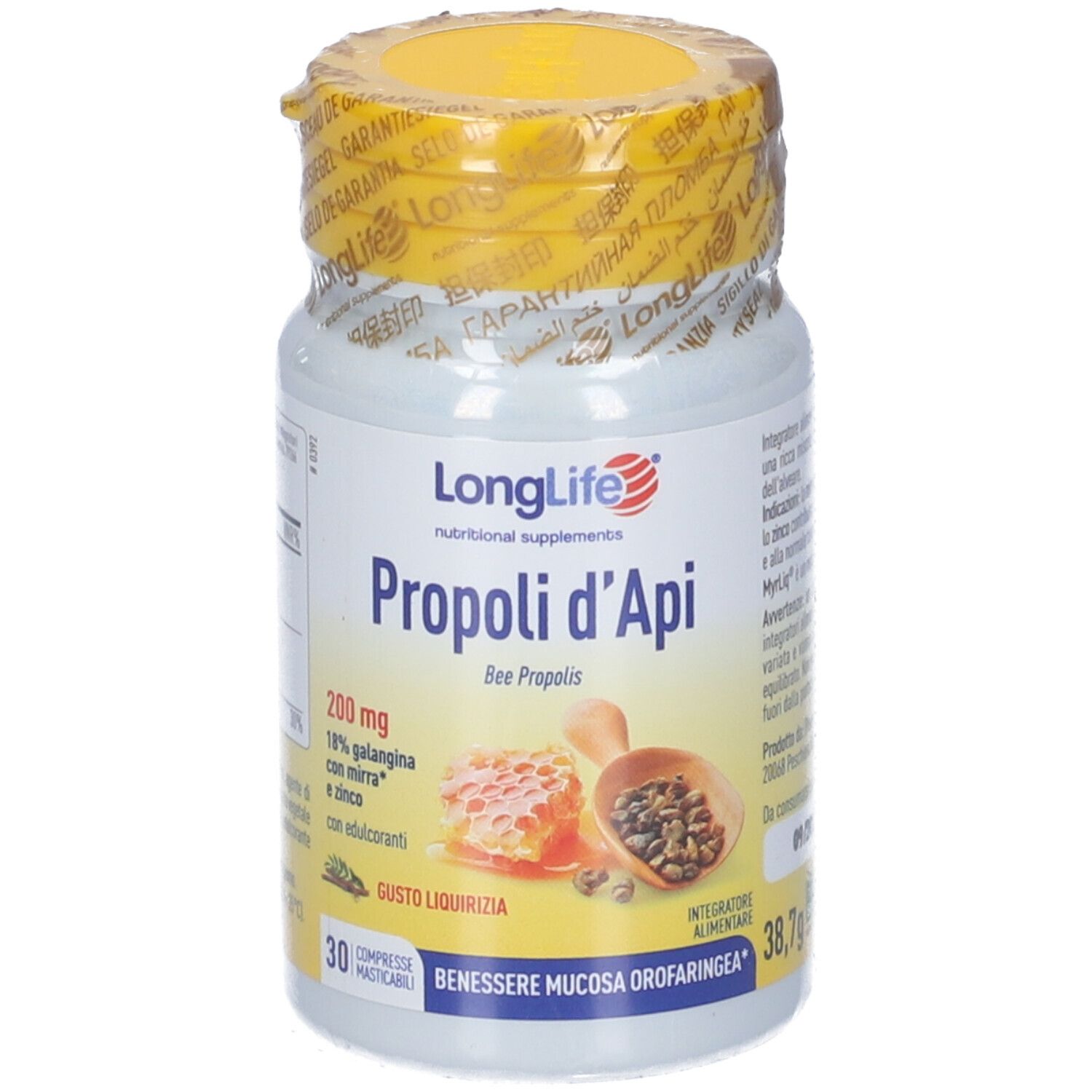 Flacone bianco con tappo giallo e sigillo. Scritta: LongLife Propoli d'Api, 30 compresse. Illustrazione: favo.