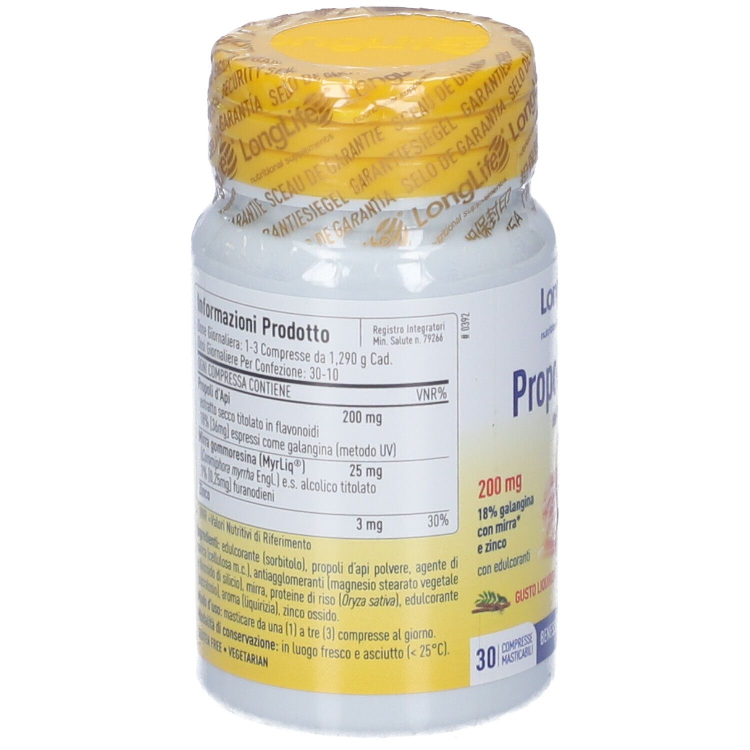 Flacone bianco con tappo giallo e sigillo. Scritta: LongLife Propoli d'Api, 30 compresse. Retro con testo.