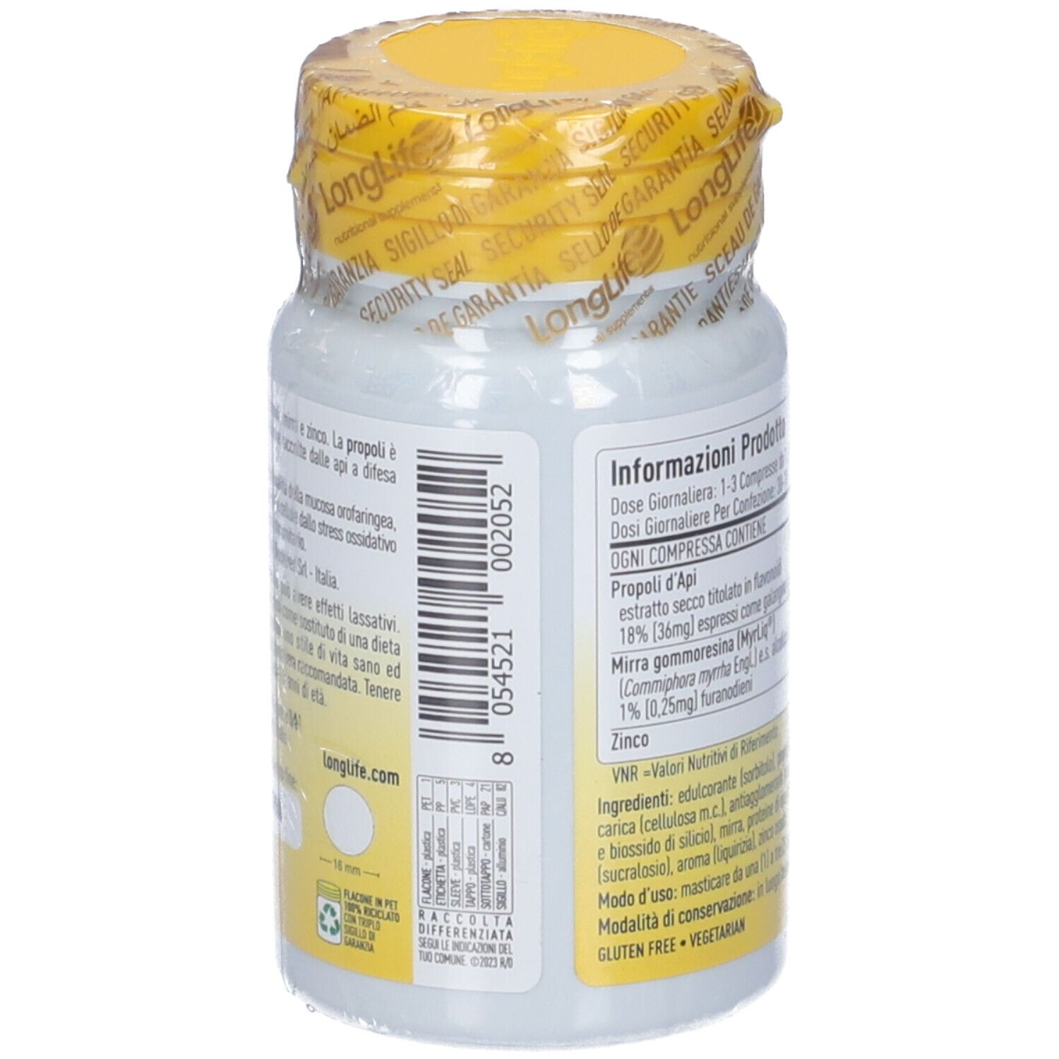 Flacone bianco con tappo giallo e sigillo. Retro con testo e codice a barre. Scritta: LongLife Propoli d'Api.