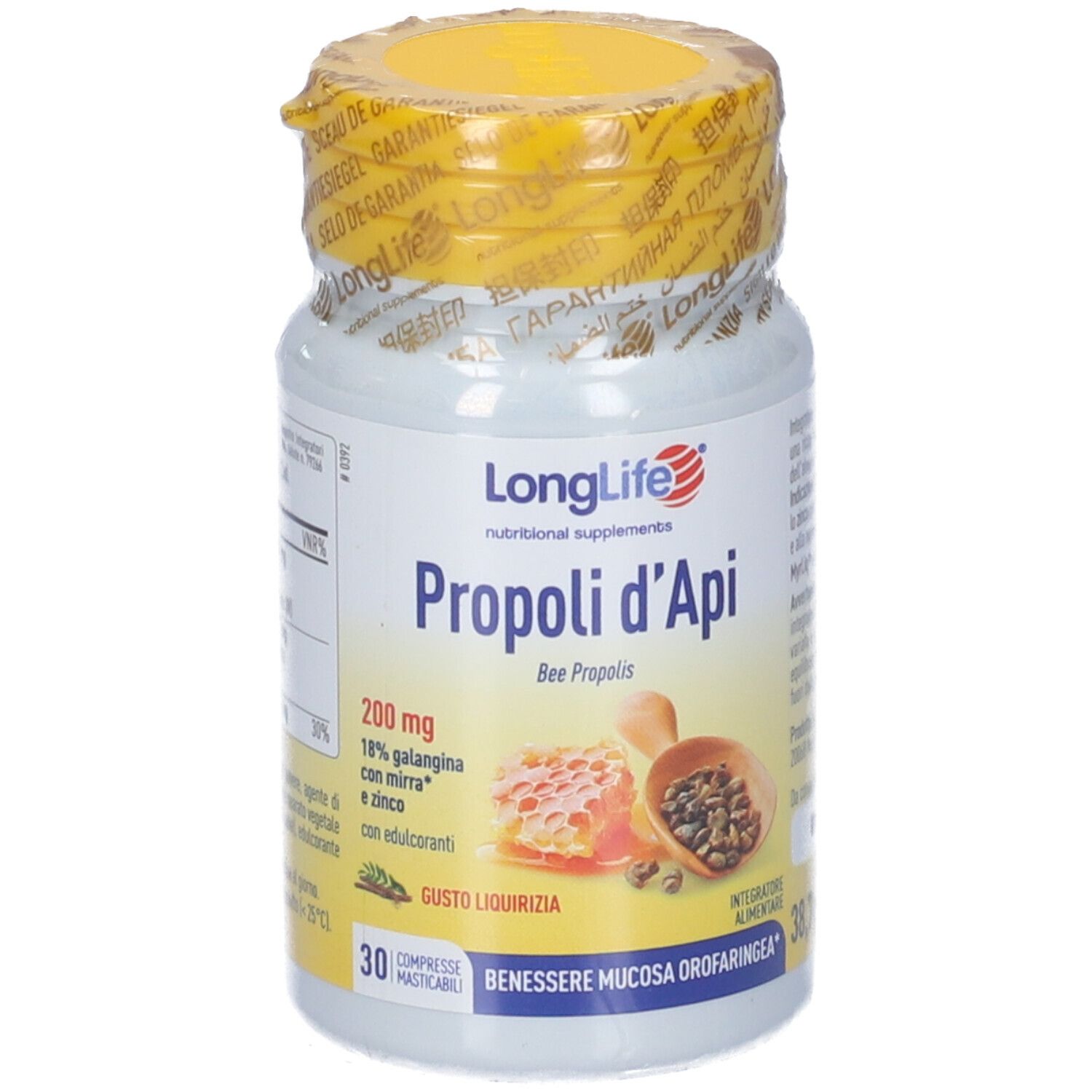 Flacone bianco con tappo giallo e sigillo. Scritta: LongLife Propoli d'Api, 30 compresse. Illustrazione: favo.