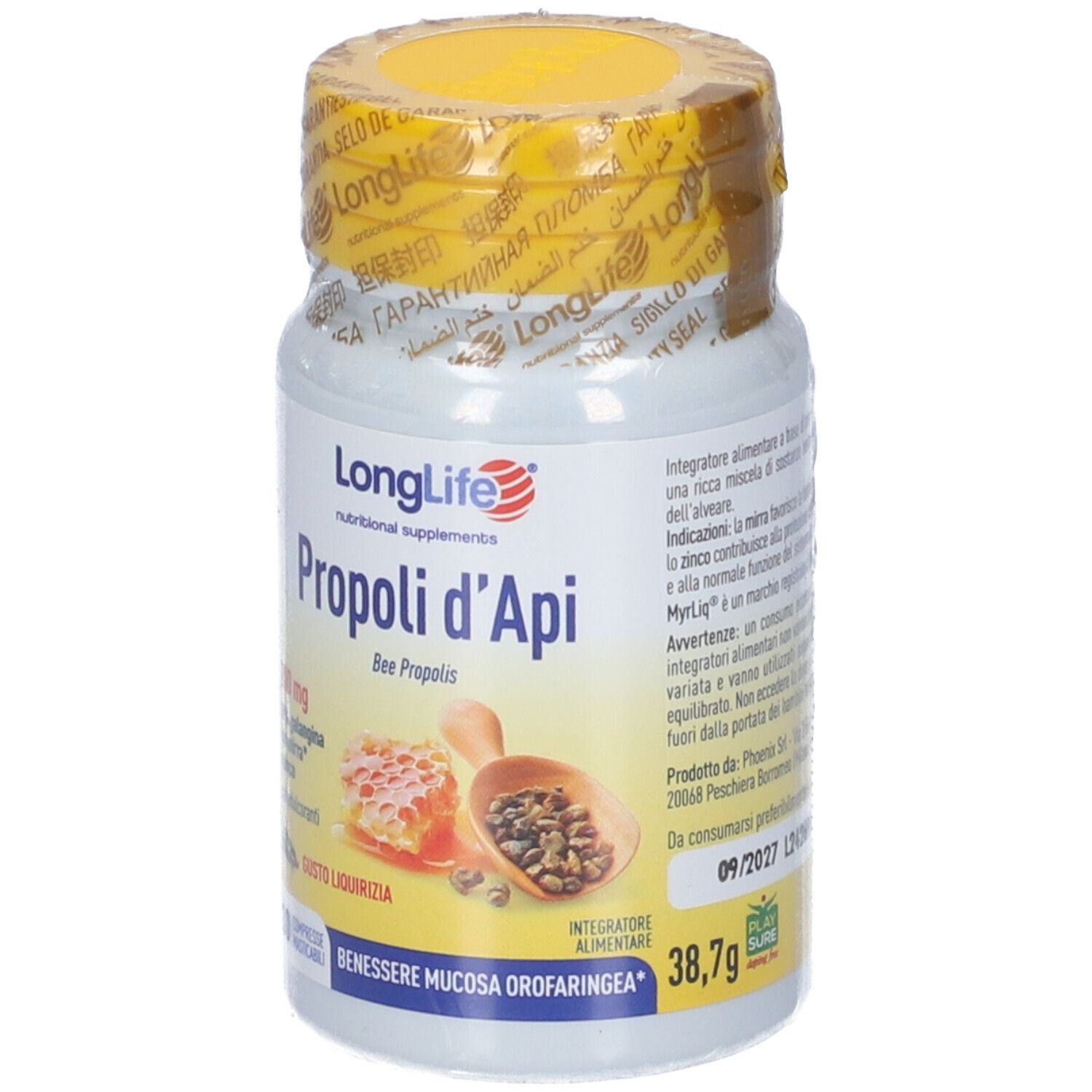 Flacone bianco con tappo giallo e sigillo. Scritta: LongLife Propoli d'Api, 30 compresse. Illustrazione: favo e ape.