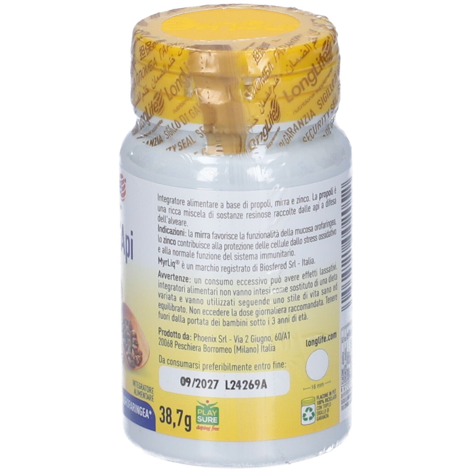 Flacone bianco con tappo giallo e sigillo. Scritta: LongLife Propoli d'Api. Testo e scadenza: 10/2025.
