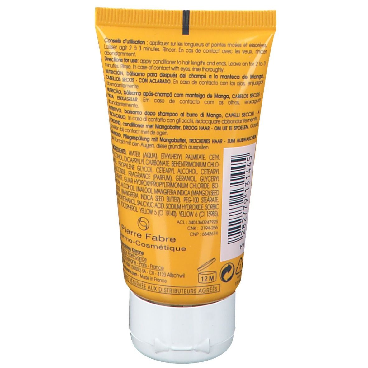 Retro di un tubo giallo. Testo multilingue, tra cui l'italiano. Informazioni sul produttore e numero di lotto.