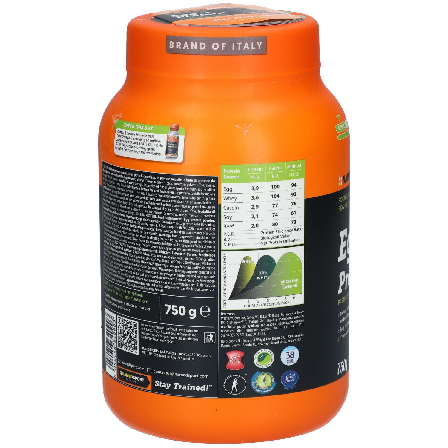 Retro del barattolo arancione NAMEDSPORT® Egg++ Protein. Contiene informazioni nutrizionali e prodotto. 750g.