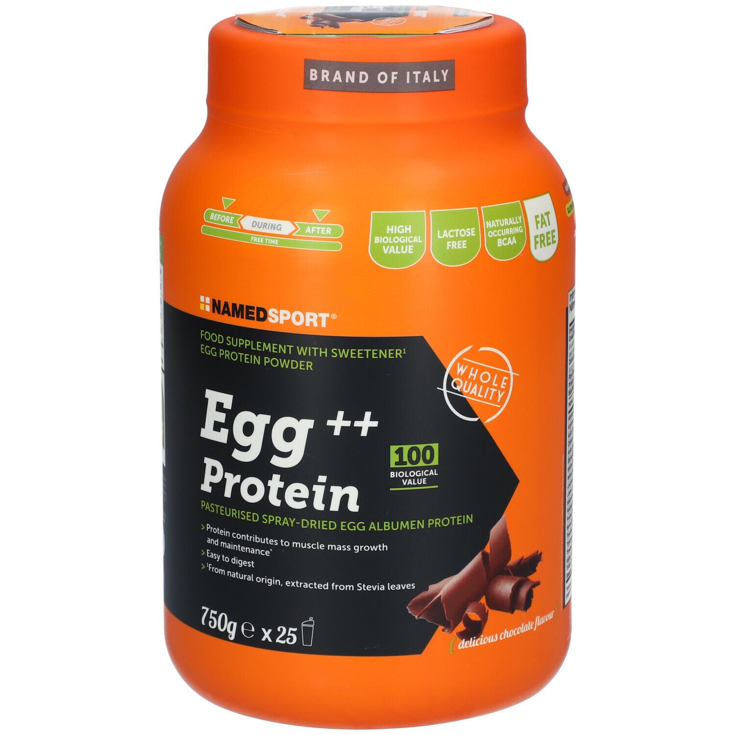 Barattolo arancione NAMEDSPORT® Egg++ Protein. Scritta: Egg Protein, 750g, valore biologico 100. Illustrazione cioccolato.