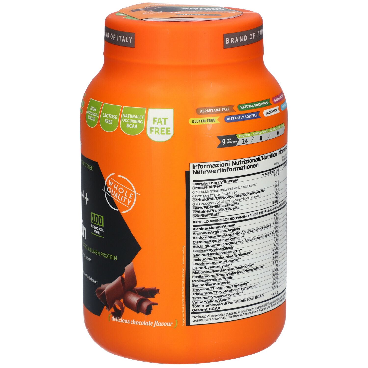 Retro del barattolo arancione NAMEDSPORT® Egg++ Protein. Contiene informazioni nutrizionali e profilo aminoacidi. 750g.