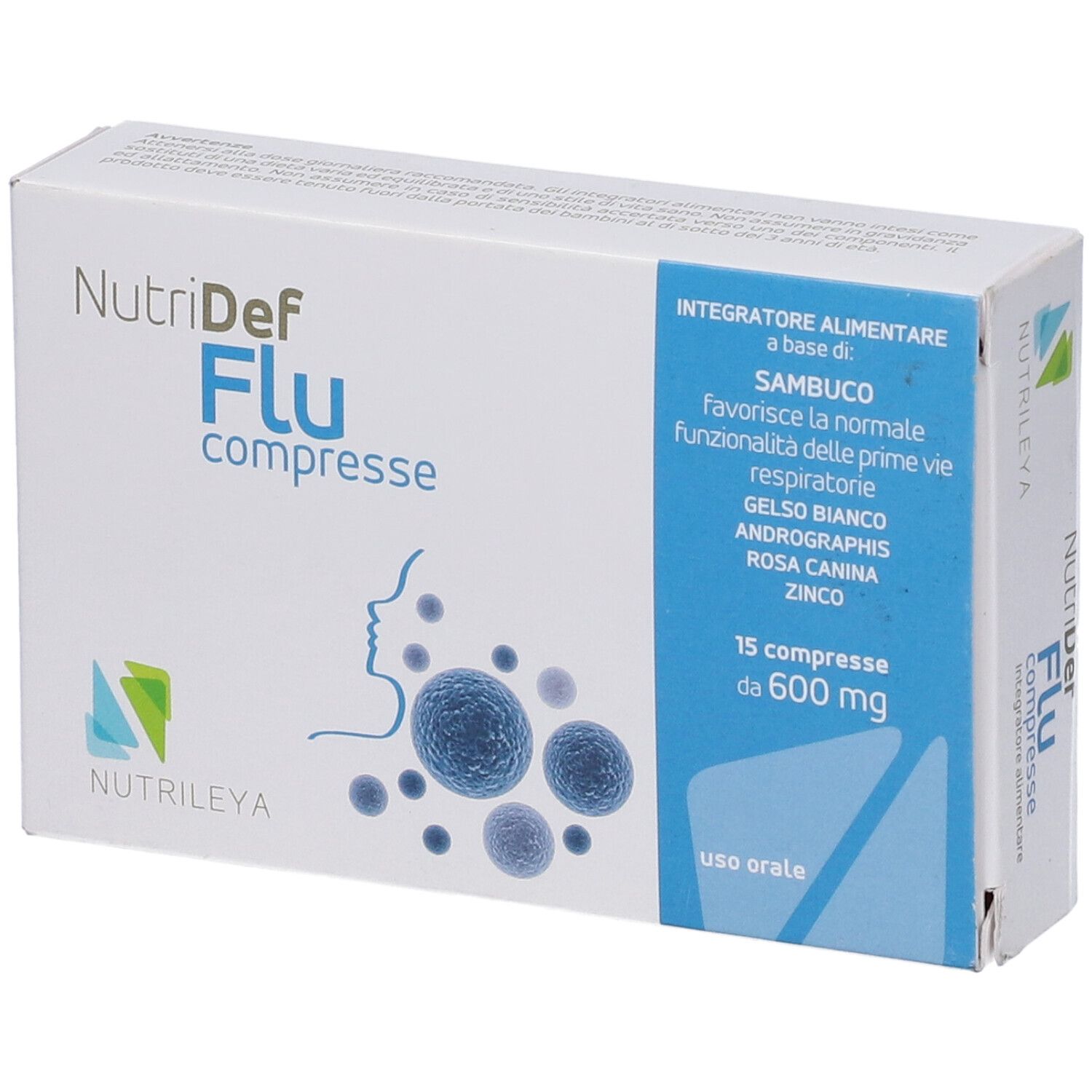 Scatola bianca con nome prodotto e illustrazioni blu. Contiene 15 compresse. Stampa: 600 mg, uso orale.